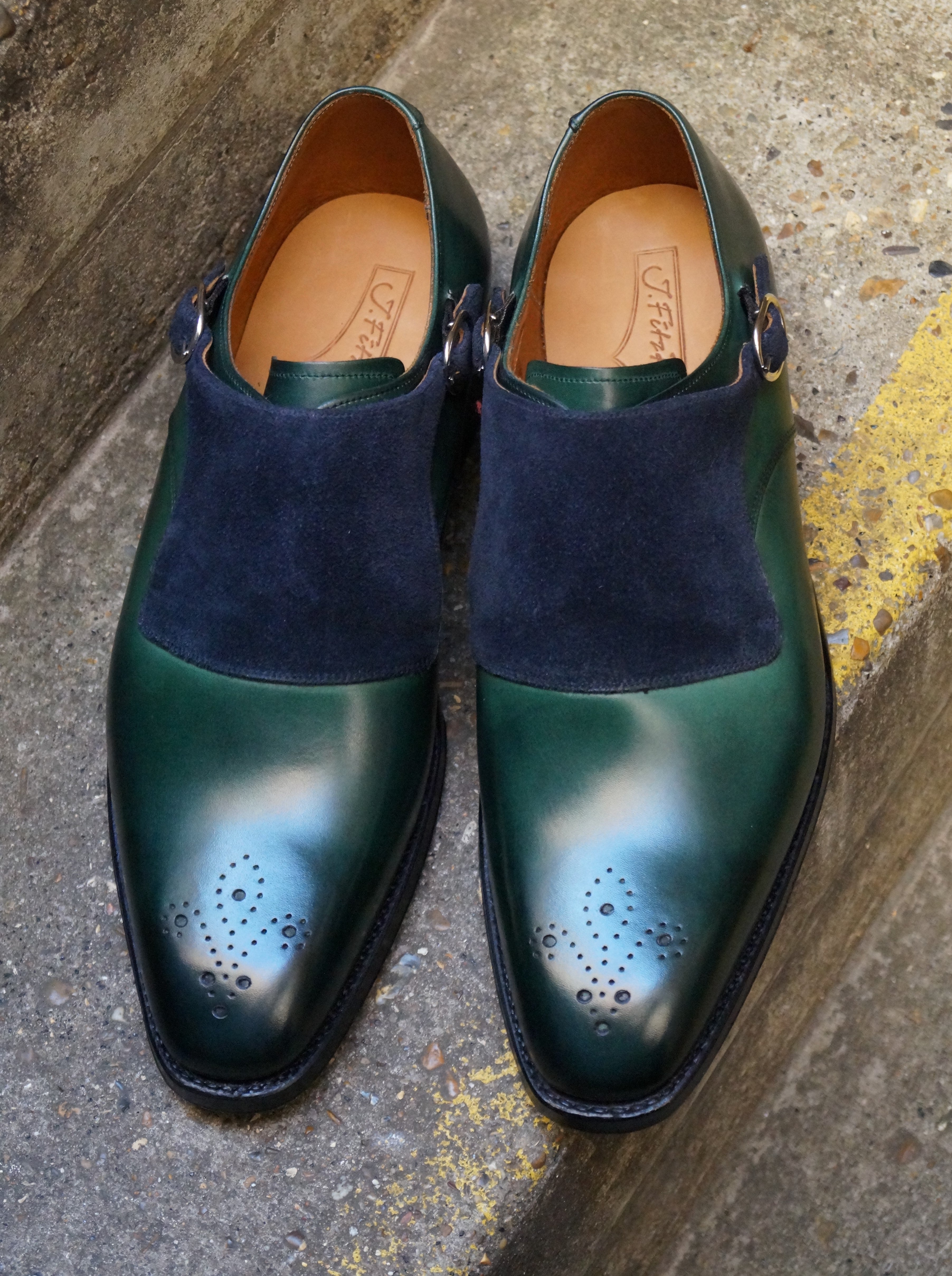 Corliss - MTO - Forest Green Calf / Navy Suede-Made To Order Single Monkstrap Medallion-J.FitzPatrick Footwear