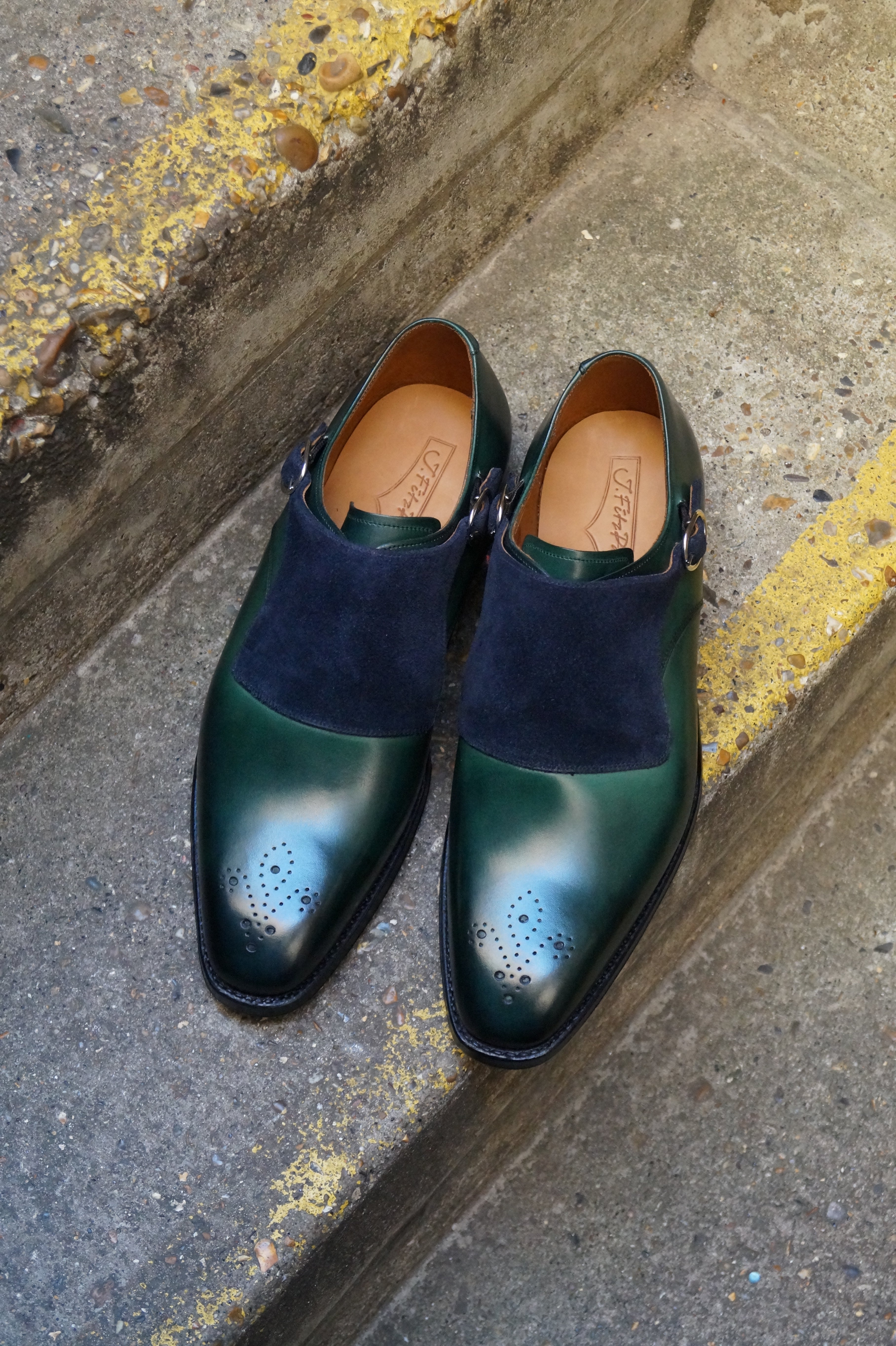 Corliss - MTO - Forest Green Calf / Navy Suede-Made To Order Single Monkstrap Medallion-J.FitzPatrick Footwear