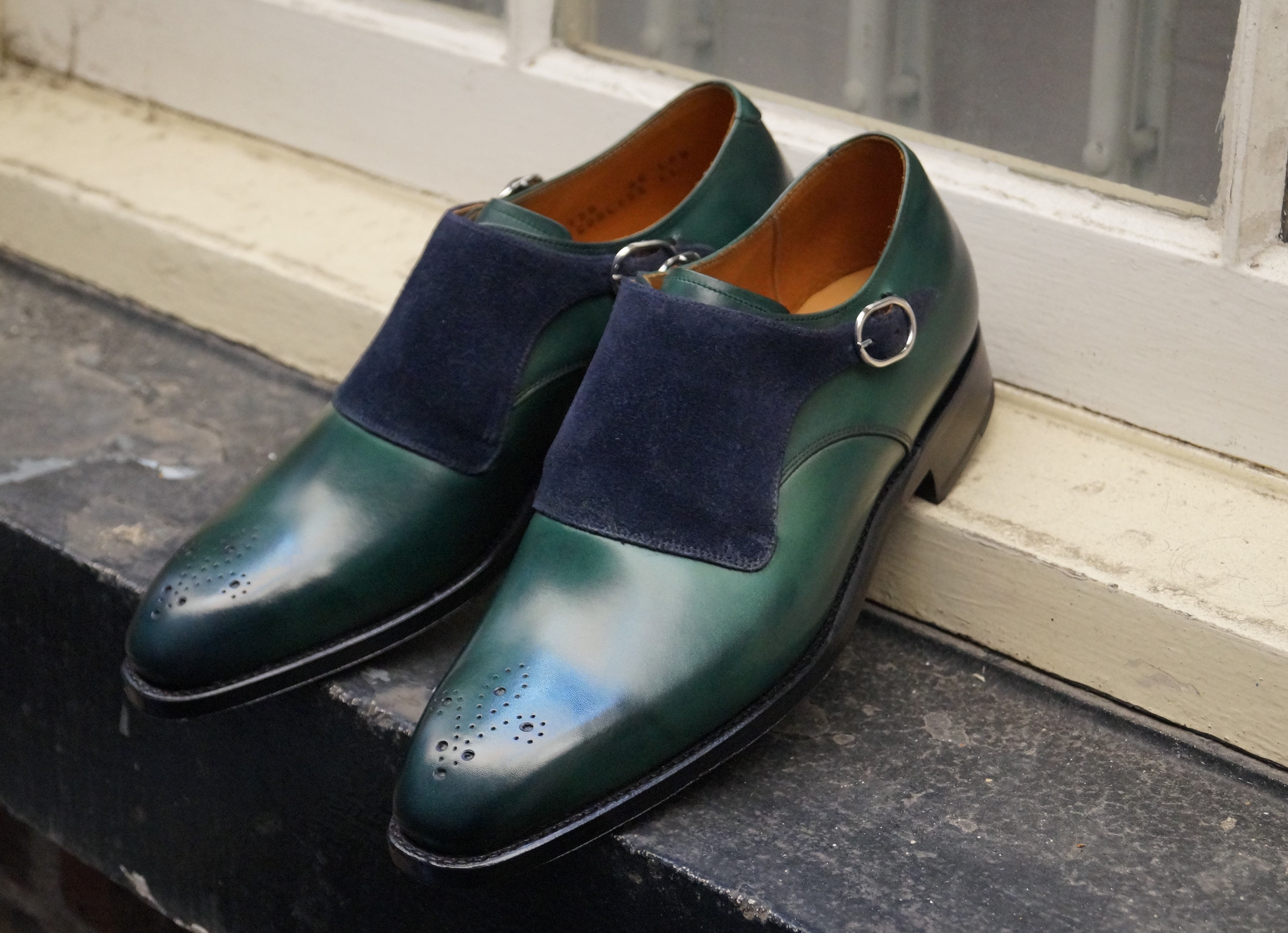 Corliss - MTO - Forest Green Calf / Navy Suede-Made To Order Single Monkstrap Medallion-J.FitzPatrick Footwear