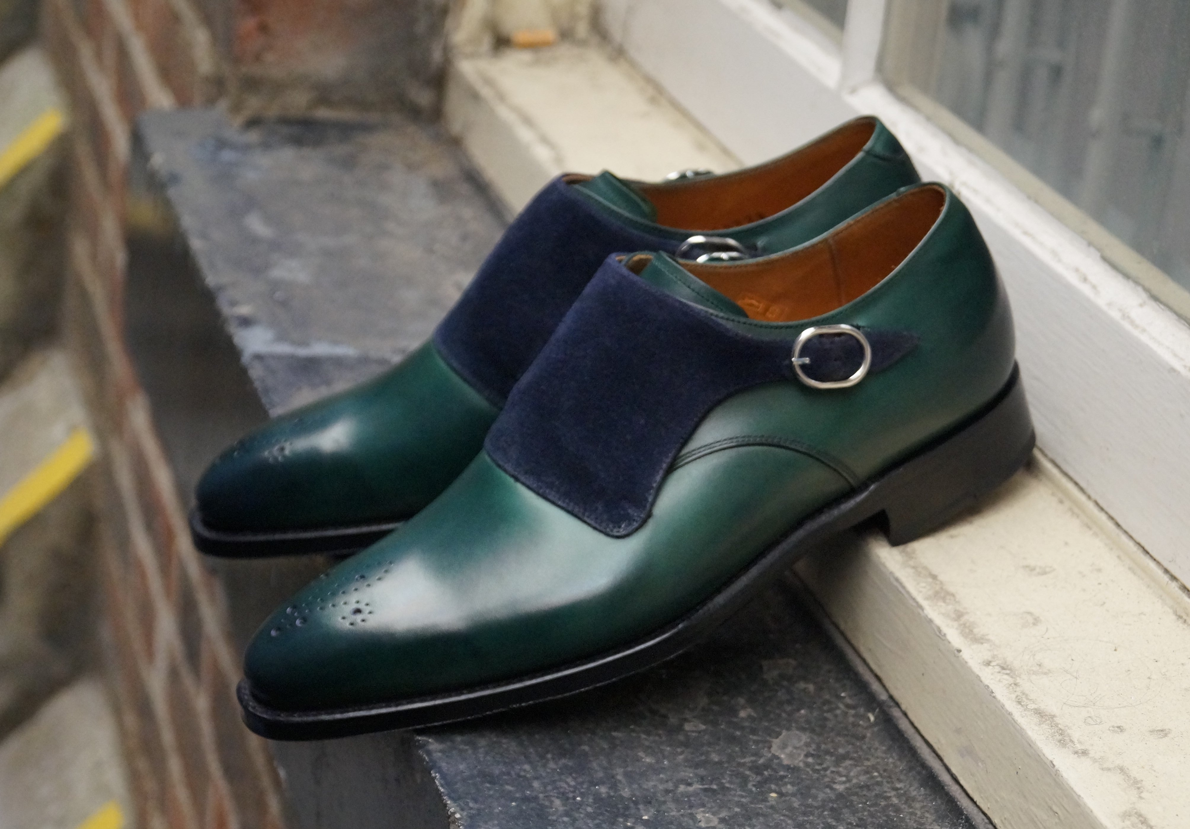 Corliss - MTO - Forest Green Calf / Navy Suede-Made To Order Single Monkstrap Medallion-J.FitzPatrick Footwear