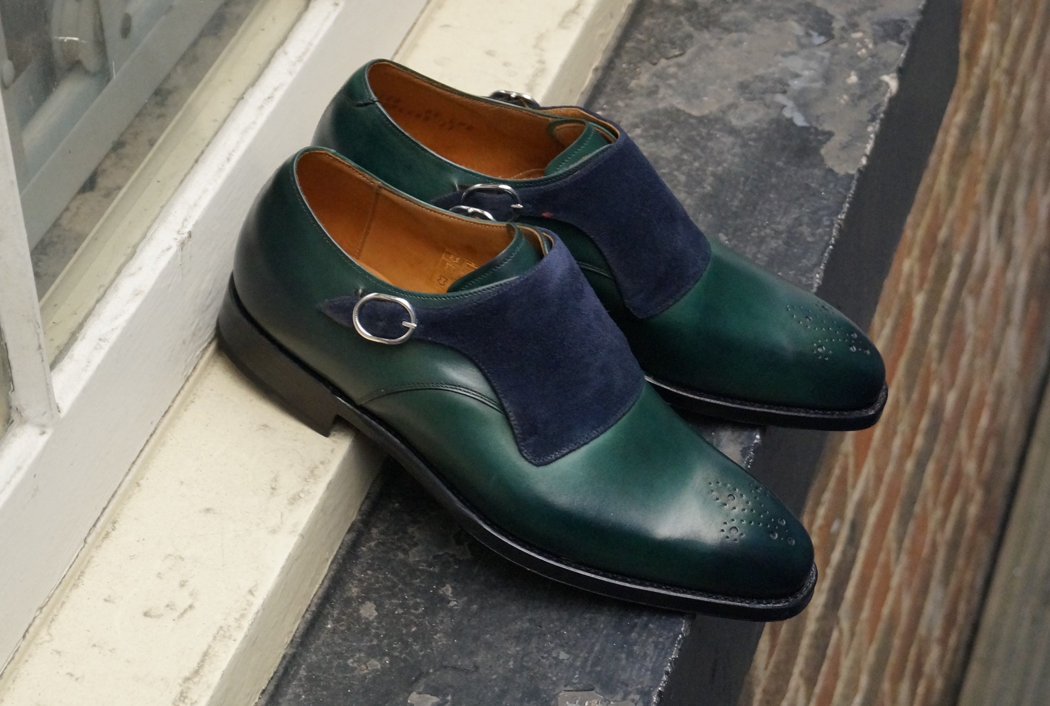 Corliss - MTO - Forest Green Calf / Navy Suede-Made To Order Single Monkstrap Medallion-J.FitzPatrick Footwear