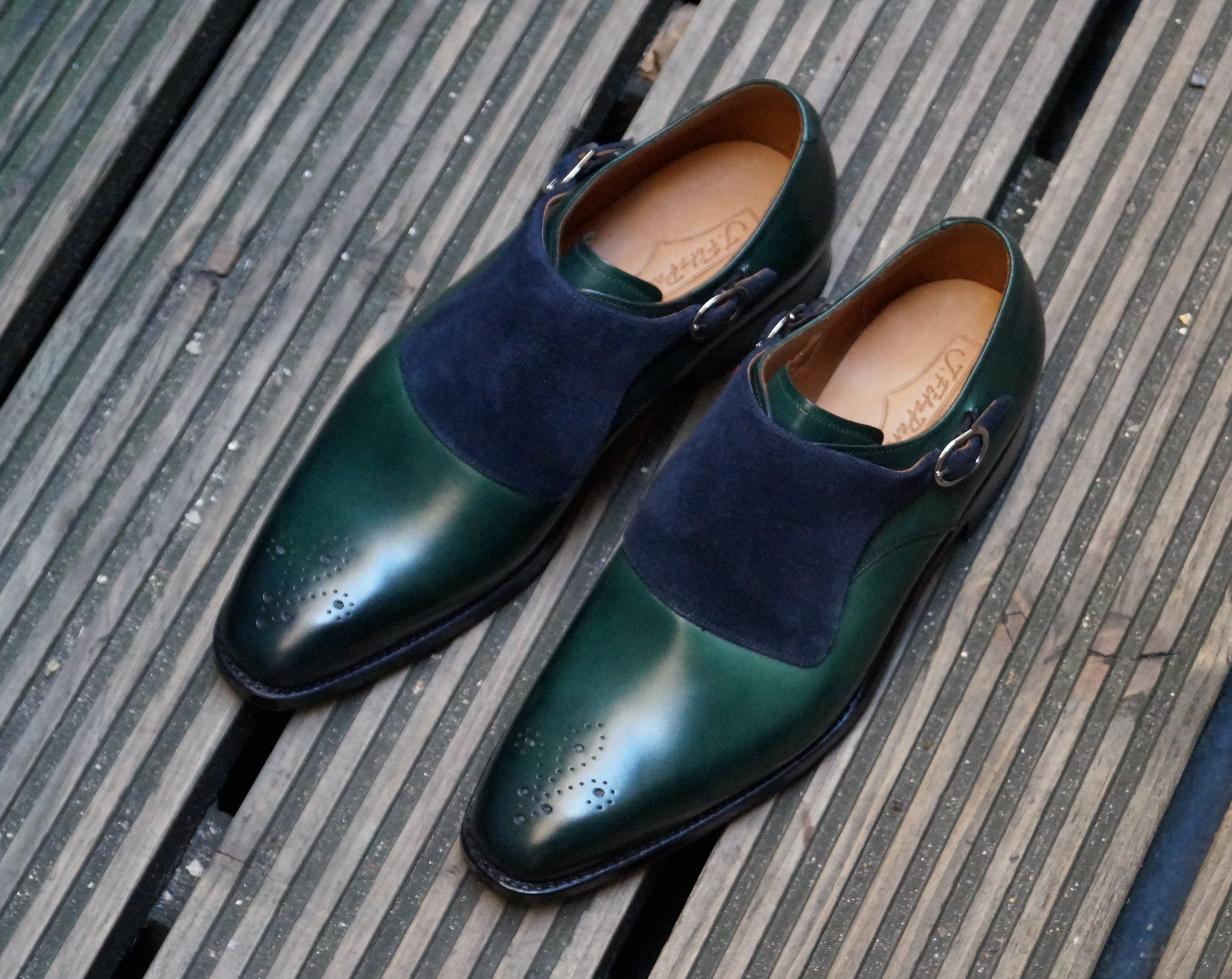 Corliss - MTO - Forest Green Calf / Navy Suede-Made To Order Single Monkstrap Medallion-J.FitzPatrick Footwear