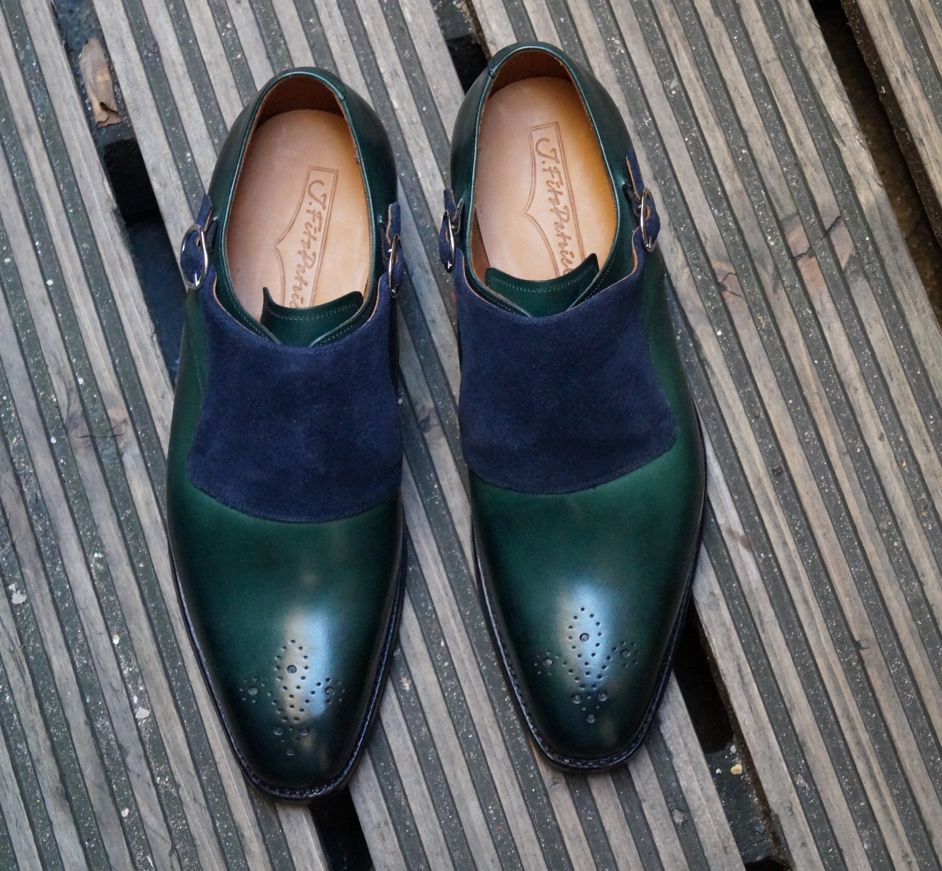 Corliss - MTO - Forest Green Calf / Navy Suede-Made To Order Single Monkstrap Medallion-J.FitzPatrick Footwear