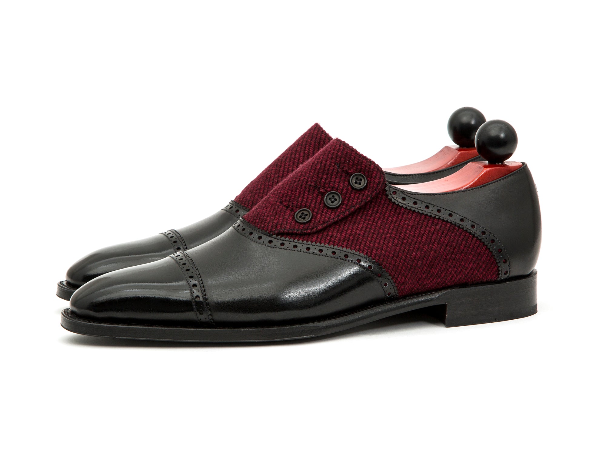 Cyril - MTO - Black Calf / Red Poulsbo - LPB Last - Single Leather Sole-Made To Order Button Shoe Cap Toe Brogue-J.FitzPatrick Footwear