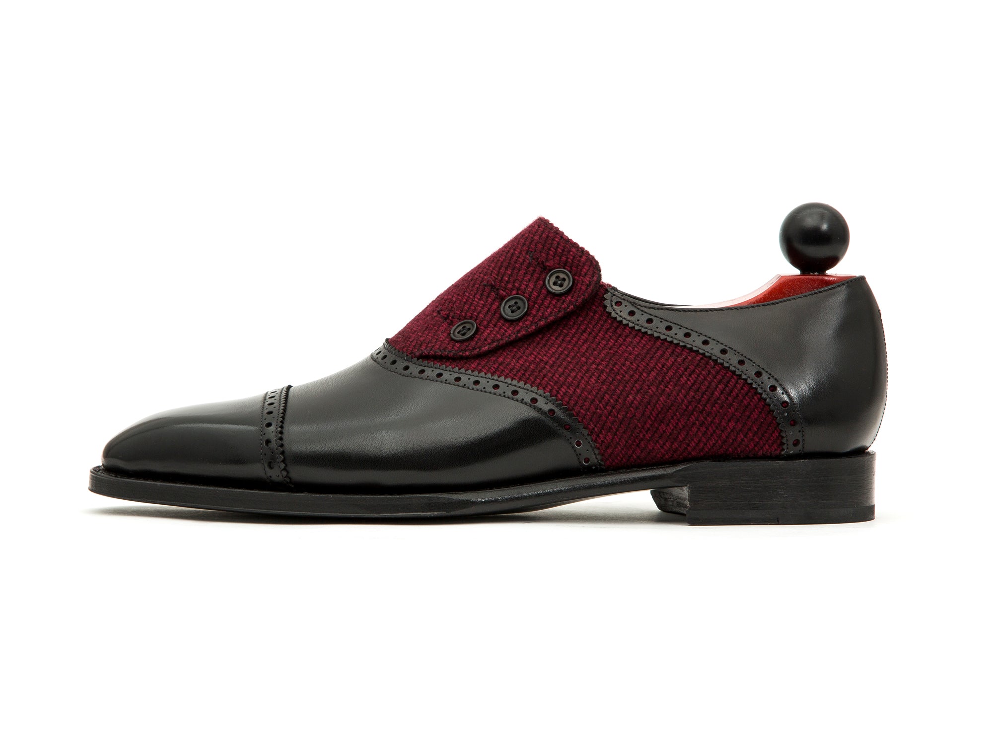 Cyril - MTO - Black Calf / Red Poulsbo - LPB Last - Single Leather Sole-Made To Order Button Shoe Cap Toe Brogue-J.FitzPatrick Footwear