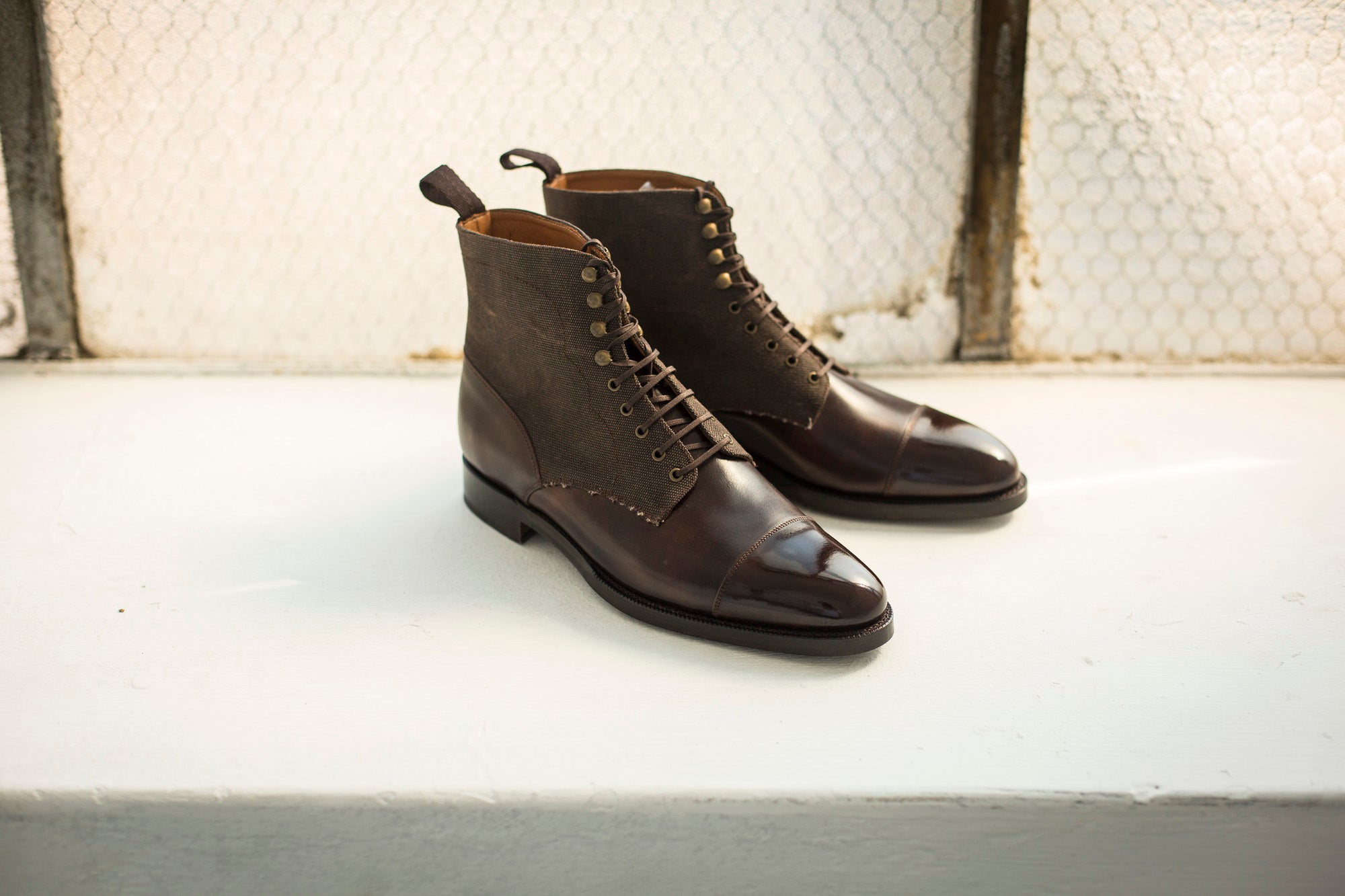 Delridge - MTO - Dark Brown Museum Calf / Military Canvas - TMG Last - Double Leather Sole-Made To Order Boot Derby Cap Toe-J.FitzPatrick Footwear