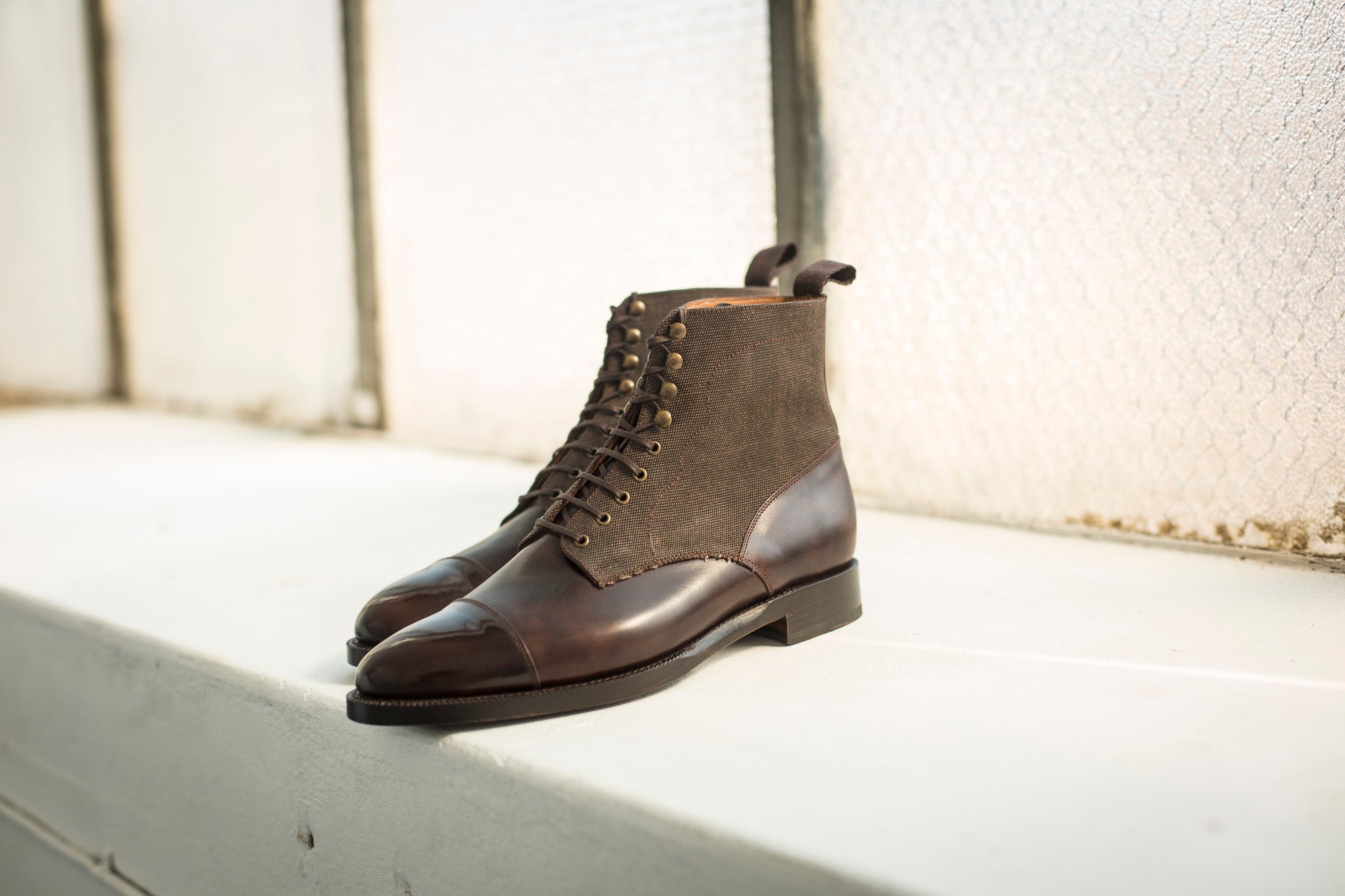 Delridge - MTO - Dark Brown Museum Calf / Military Canvas - TMG Last - Double Leather Sole-Made To Order Boot Derby Cap Toe-J.FitzPatrick Footwear
