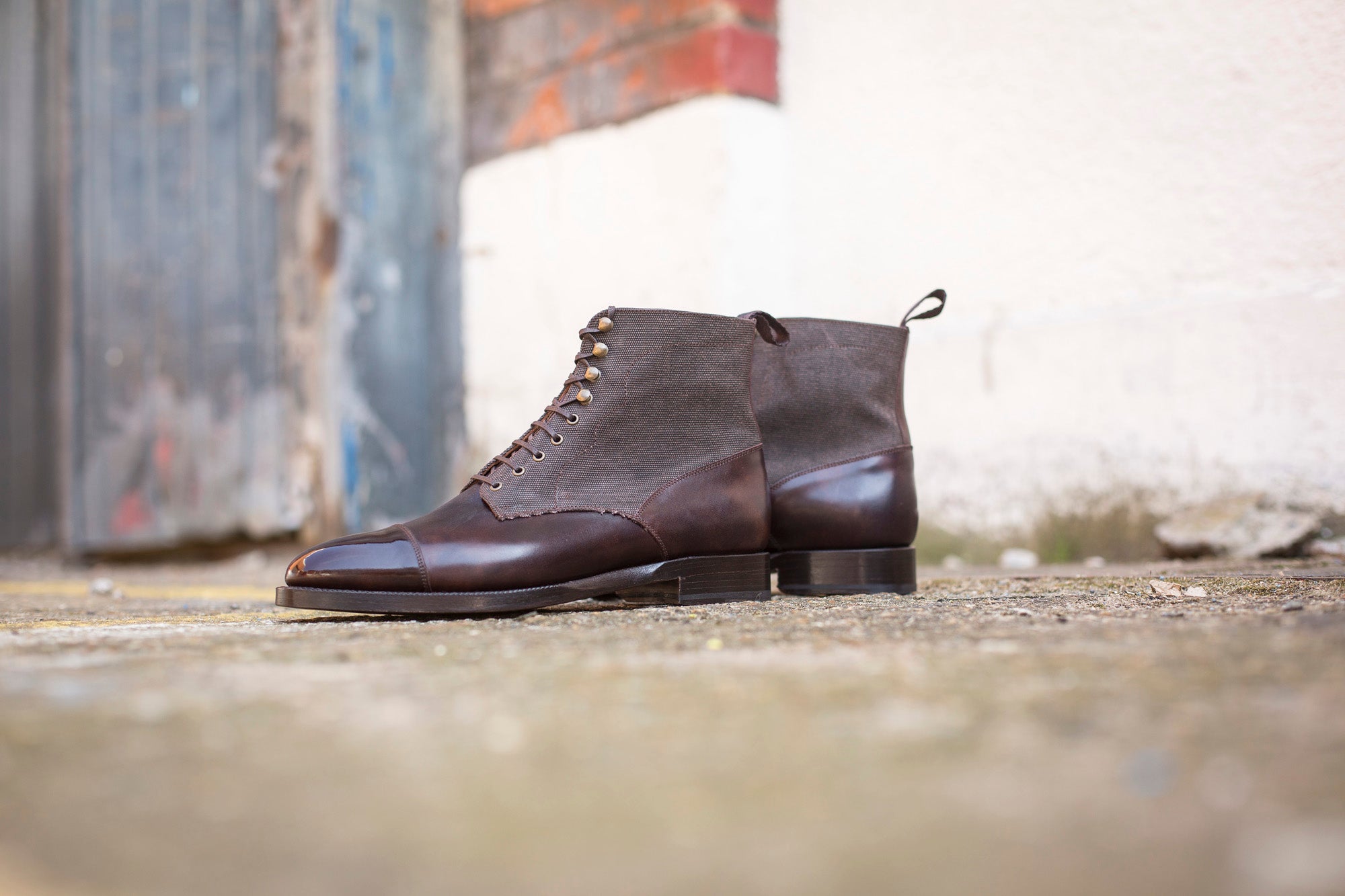 Delridge - MTO - Dark Brown Museum Calf / Military Canvas - TMG Last - Double Leather Sole-Made To Order Boot Derby Cap Toe-J.FitzPatrick Footwear