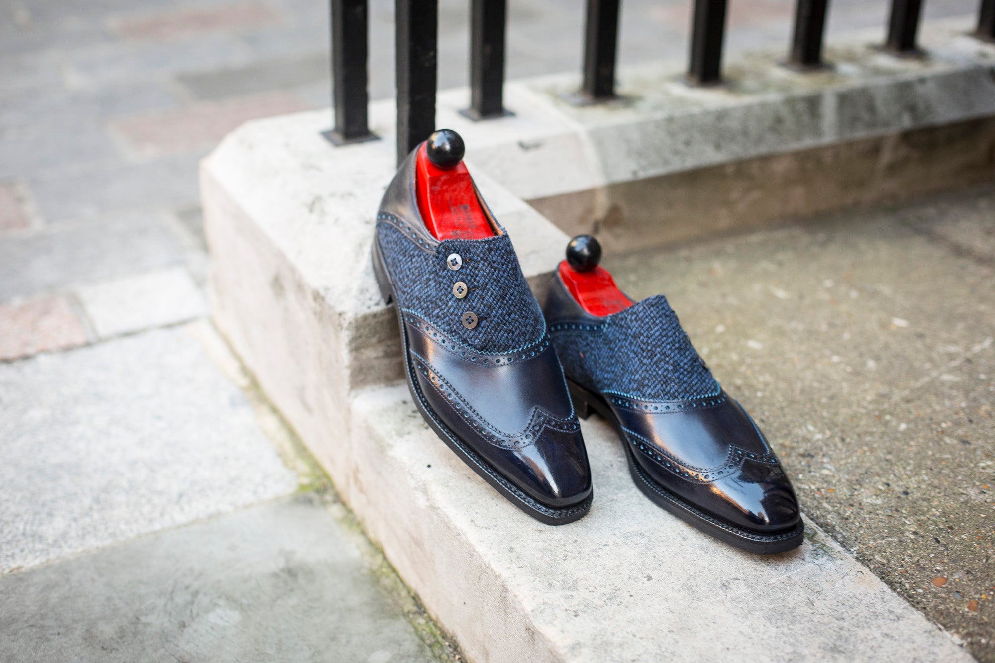 Dorai - MTO - Navy Museum Calf / Blue Poulsbo Tweed - LPB Last - City Rubber Sole-Made To Order Button Shoe Wingtip Brogue-J.FitzPatrick Footwear