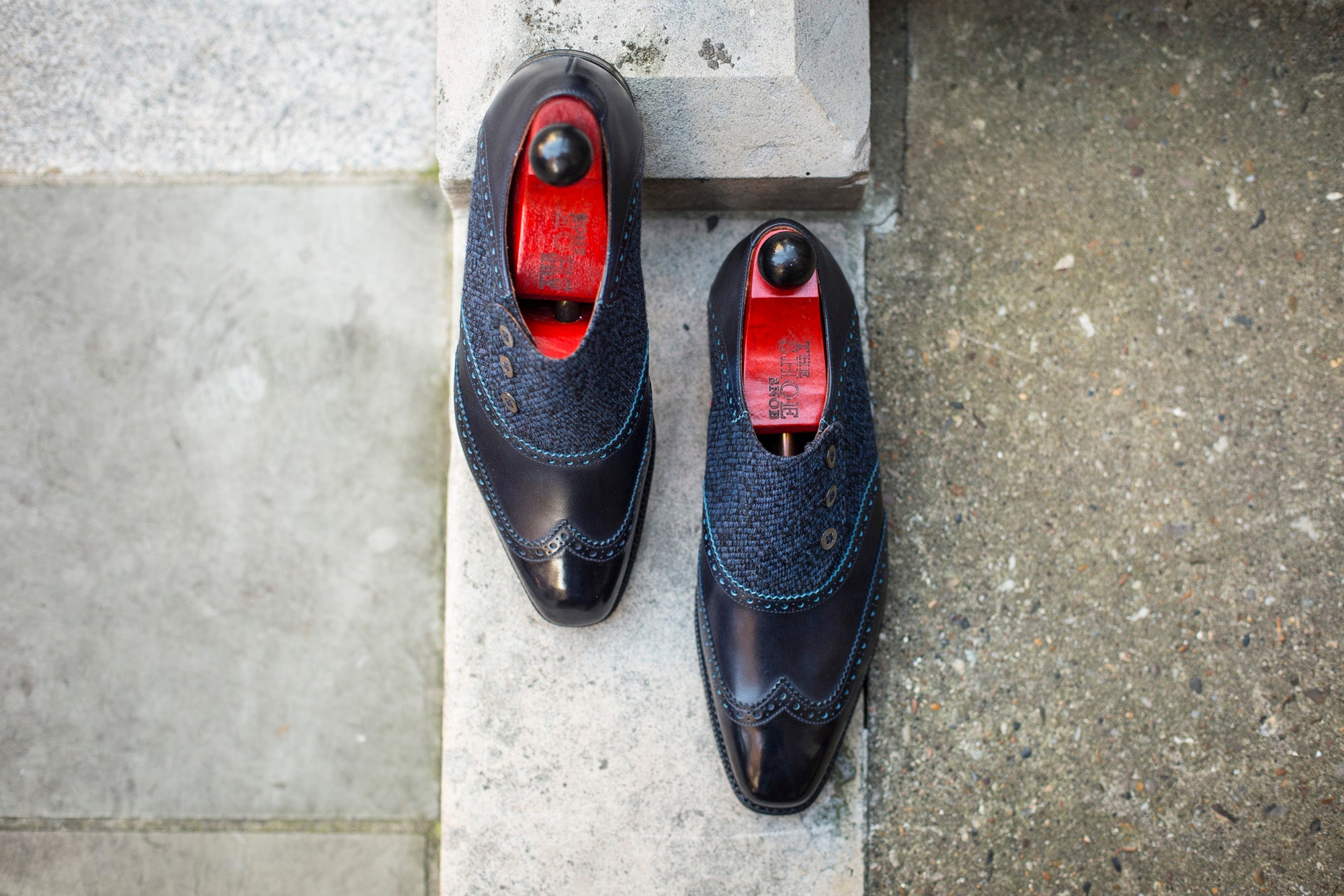 Dorai - MTO - Navy Museum Calf / Blue Poulsbo Tweed - LPB Last - City Rubber Sole-Made To Order Button Shoe Wingtip Brogue-J.FitzPatrick Footwear