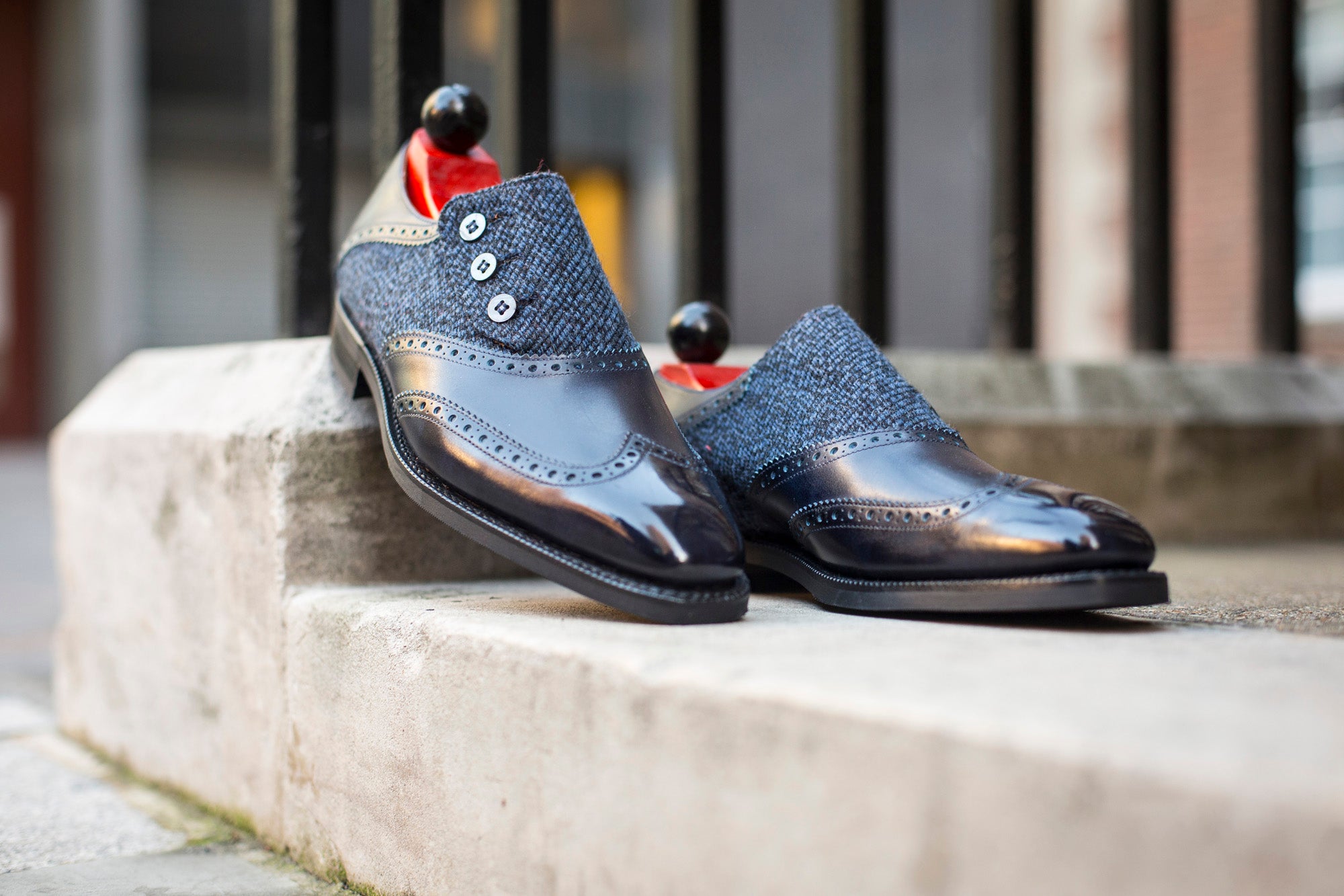 Dorai - MTO - Navy Museum Calf / Blue Poulsbo Tweed - LPB Last - City Rubber Sole-Made To Order Button Shoe Wingtip Brogue-J.FitzPatrick Footwear