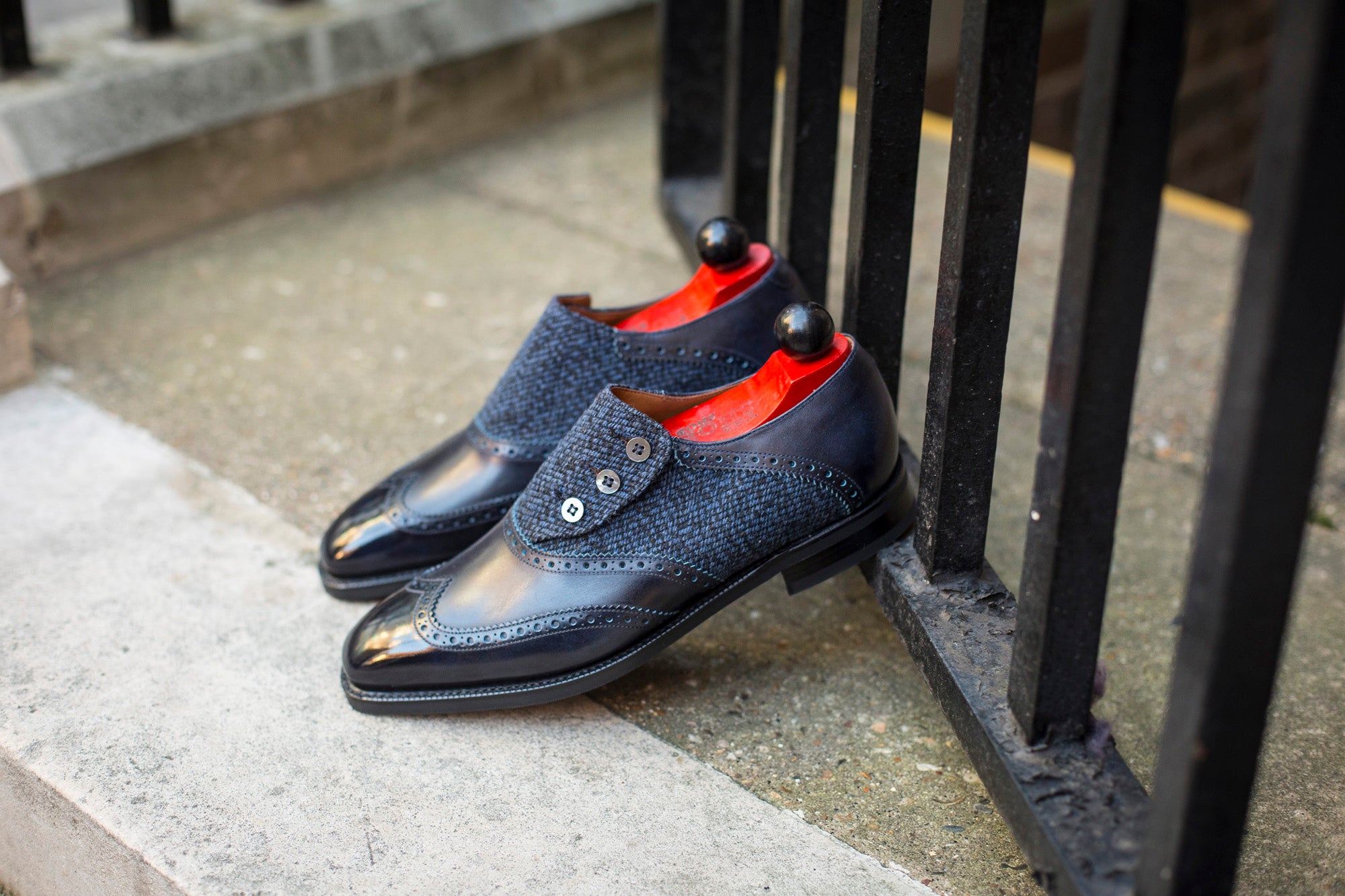 Dorai - MTO - Navy Museum Calf / Blue Poulsbo Tweed - LPB Last - City Rubber Sole-Made To Order Button Shoe Wingtip Brogue-J.FitzPatrick Footwear