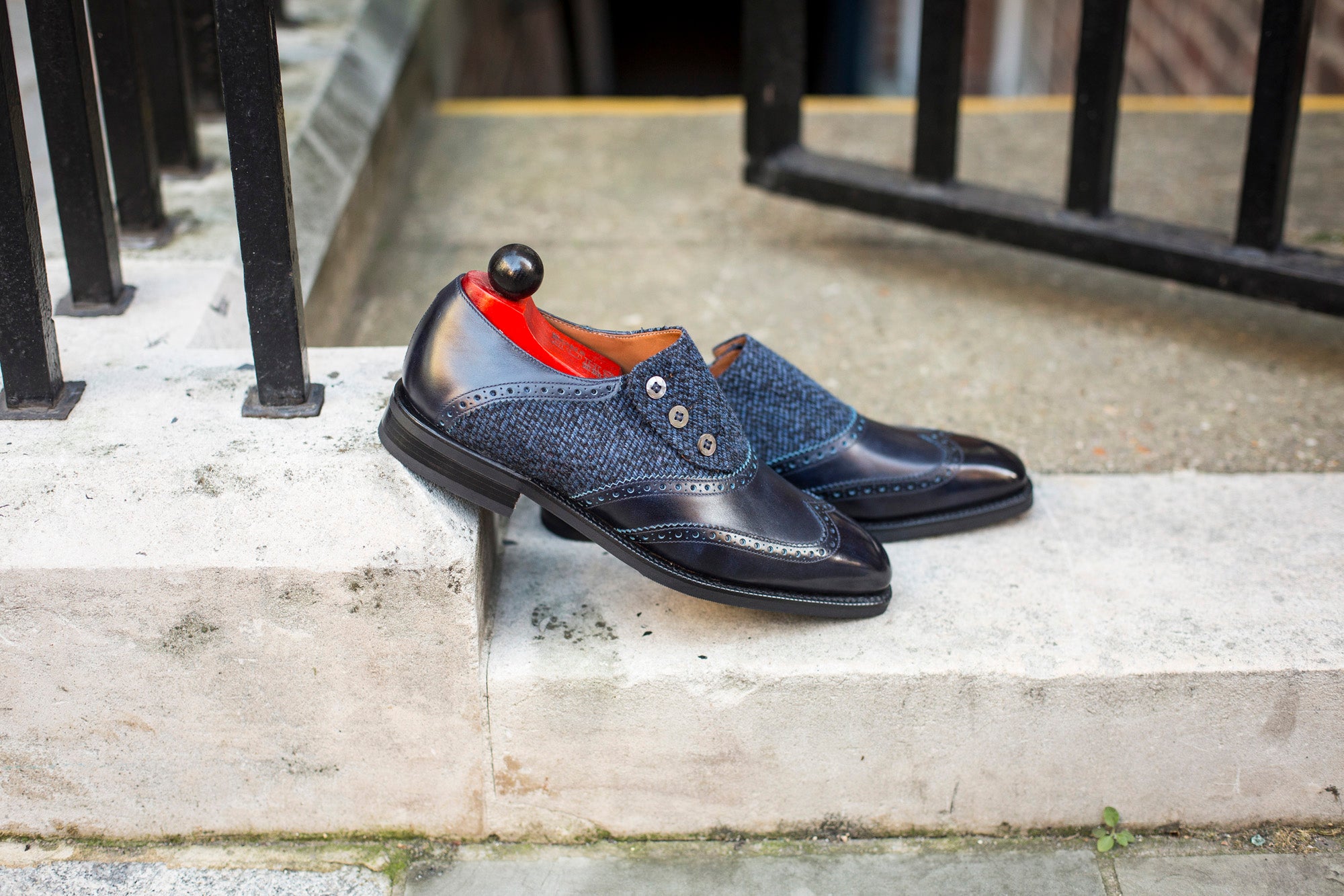 Dorai - MTO - Navy Museum Calf / Blue Poulsbo Tweed - LPB Last - City Rubber Sole-Made To Order Button Shoe Wingtip Brogue-J.FitzPatrick Footwear