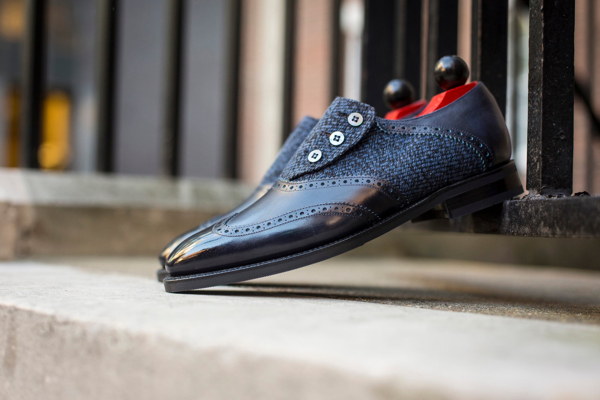 Dorai - MTO - Navy Museum Calf / Blue Poulsbo Tweed - LPB Last - City Rubber Sole-Made To Order Button Shoe Wingtip Brogue-J.FitzPatrick Footwear