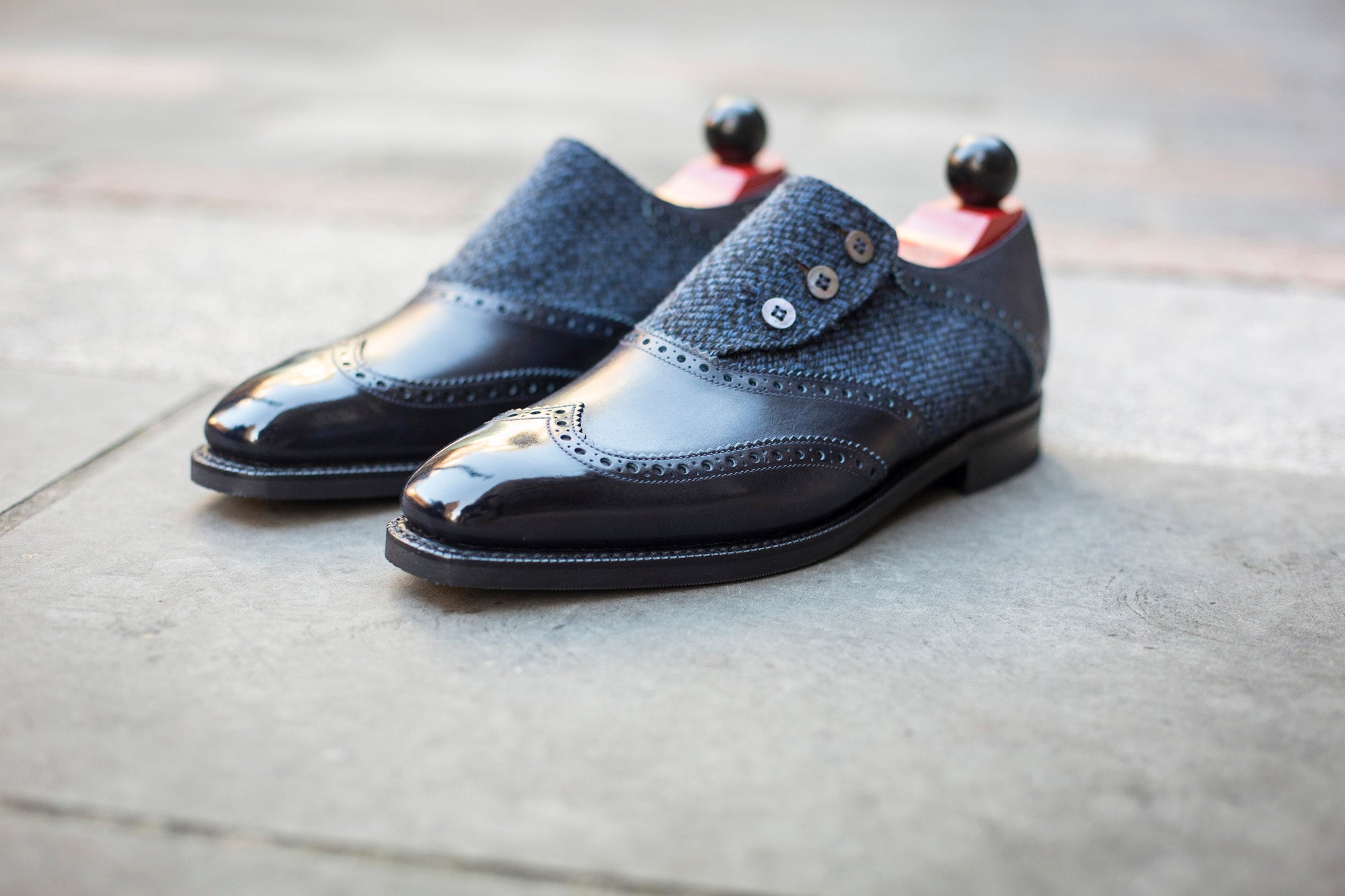 Dorai - MTO - Navy Museum Calf / Blue Poulsbo Tweed - LPB Last - City Rubber Sole-Made To Order Button Shoe Wingtip Brogue-J.FitzPatrick Footwear