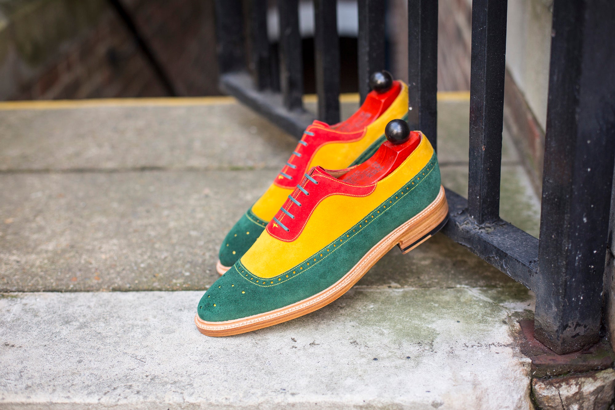 Edmonds - MTO - Green, Red, Yellow Suede - TMG Last - Storm Welt - Natural Double Leather Sole-Made To Order Longwing Oxfords Brogue-J.FitzPatrick Footwear