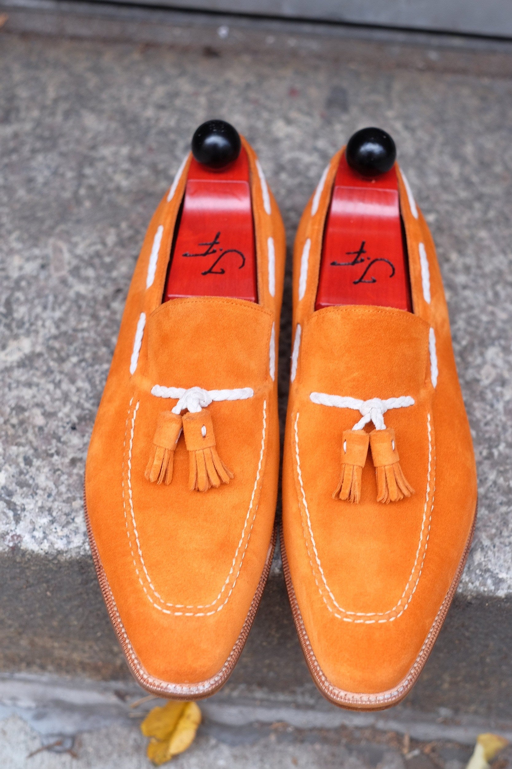 Eskapa - MTO - Orange Suede / Natural Stitching - LPB Last - Single Leather Sole-Made To Order Tassel Loafer-J.FitzPatrick Footwear