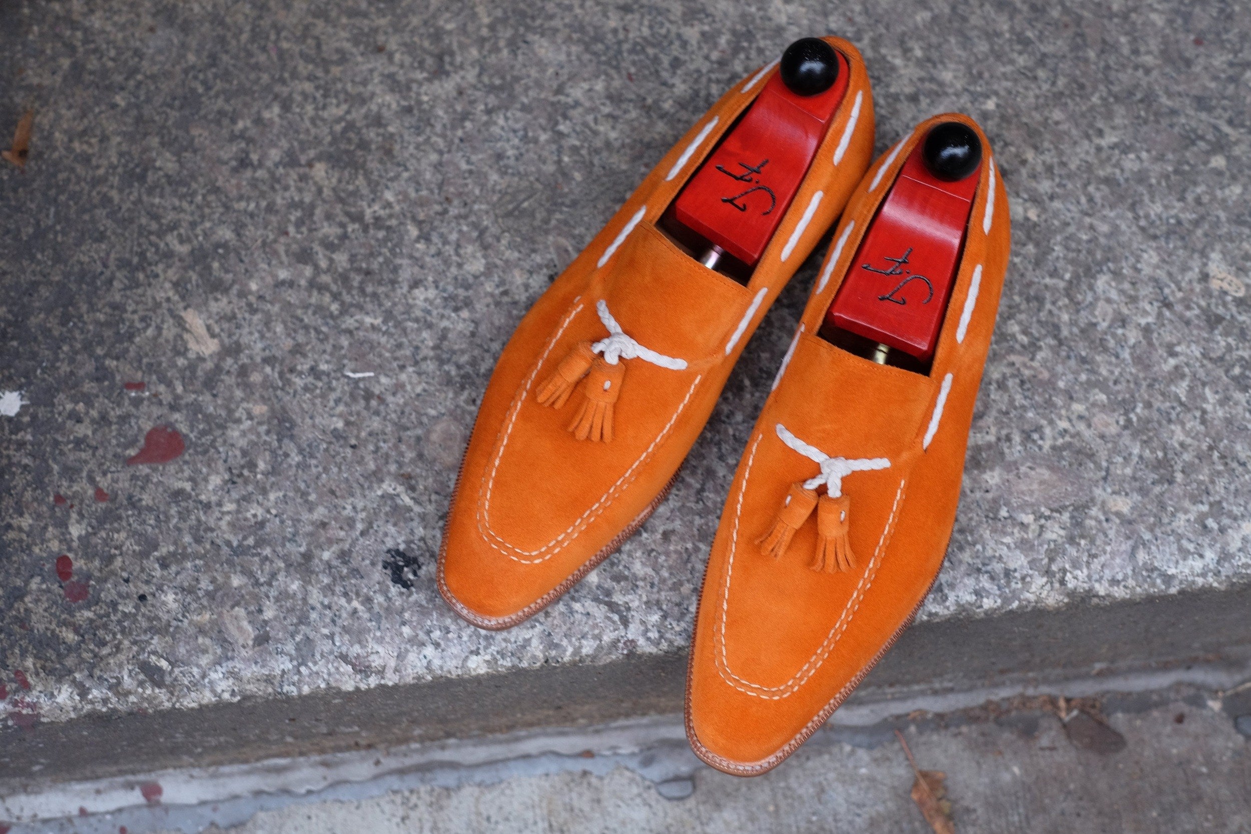 Eskapa - MTO - Orange Suede / Natural Stitching - LPB Last - Single Leather Sole-Made To Order Tassel Loafer-J.FitzPatrick Footwear