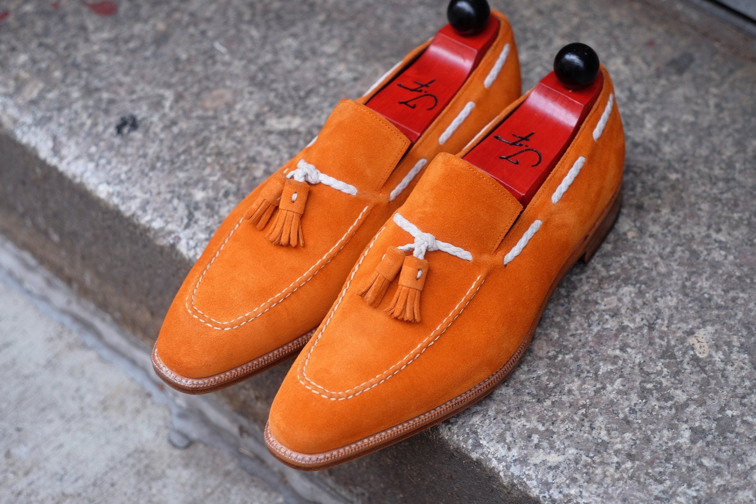 Eskapa - MTO - Orange Suede / Natural Stitching - LPB Last - Single Leather Sole-Made To Order Tassel Loafer-J.FitzPatrick Footwear