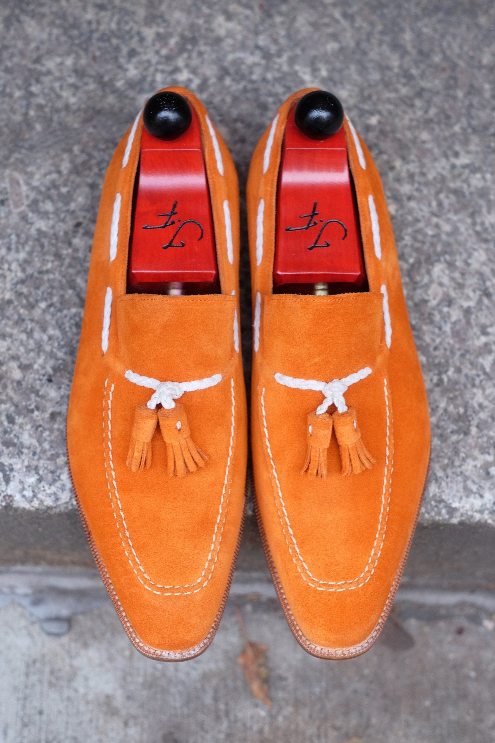Eskapa - MTO - Orange Suede / Natural Stitching - LPB Last - Single Leather Sole-Made To Order Tassel Loafer-J.FitzPatrick Footwear