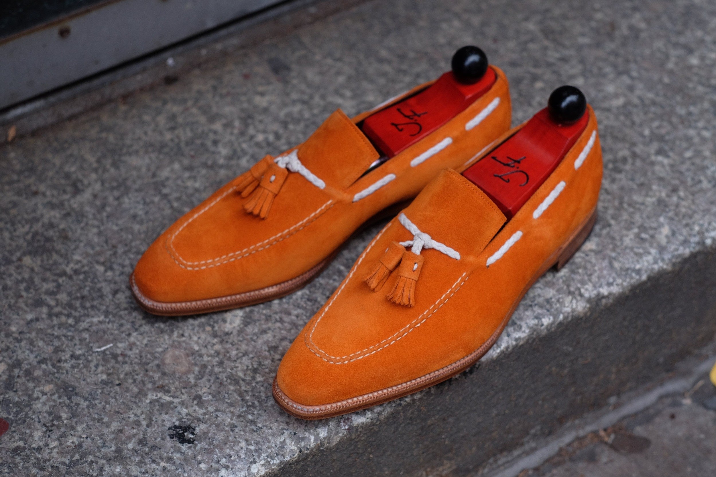 Eskapa - MTO - Orange Suede / Natural Stitching - LPB Last - Single Leather Sole-Made To Order Tassel Loafer-J.FitzPatrick Footwear