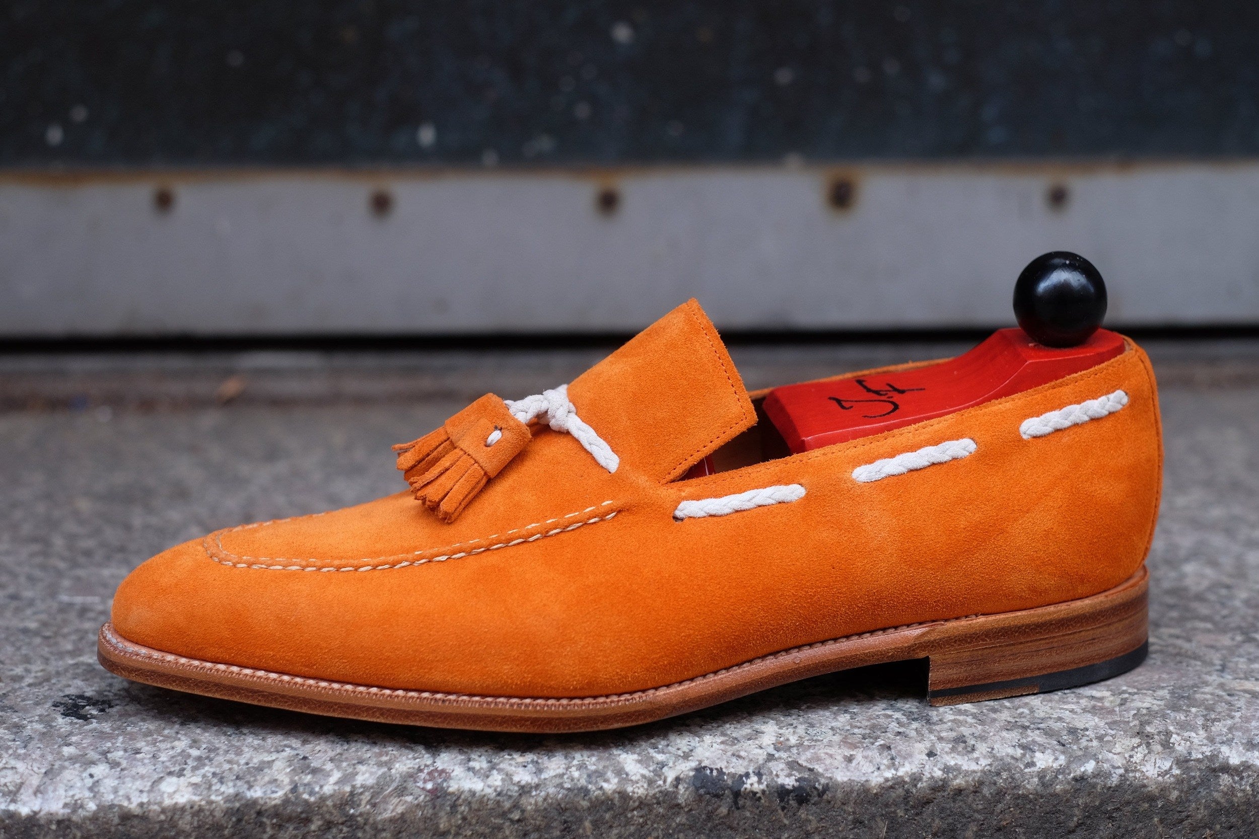 Eskapa - MTO - Orange Suede / Natural Stitching - LPB Last - Single Leather Sole-Made To Order Tassel Loafer-J.FitzPatrick Footwear