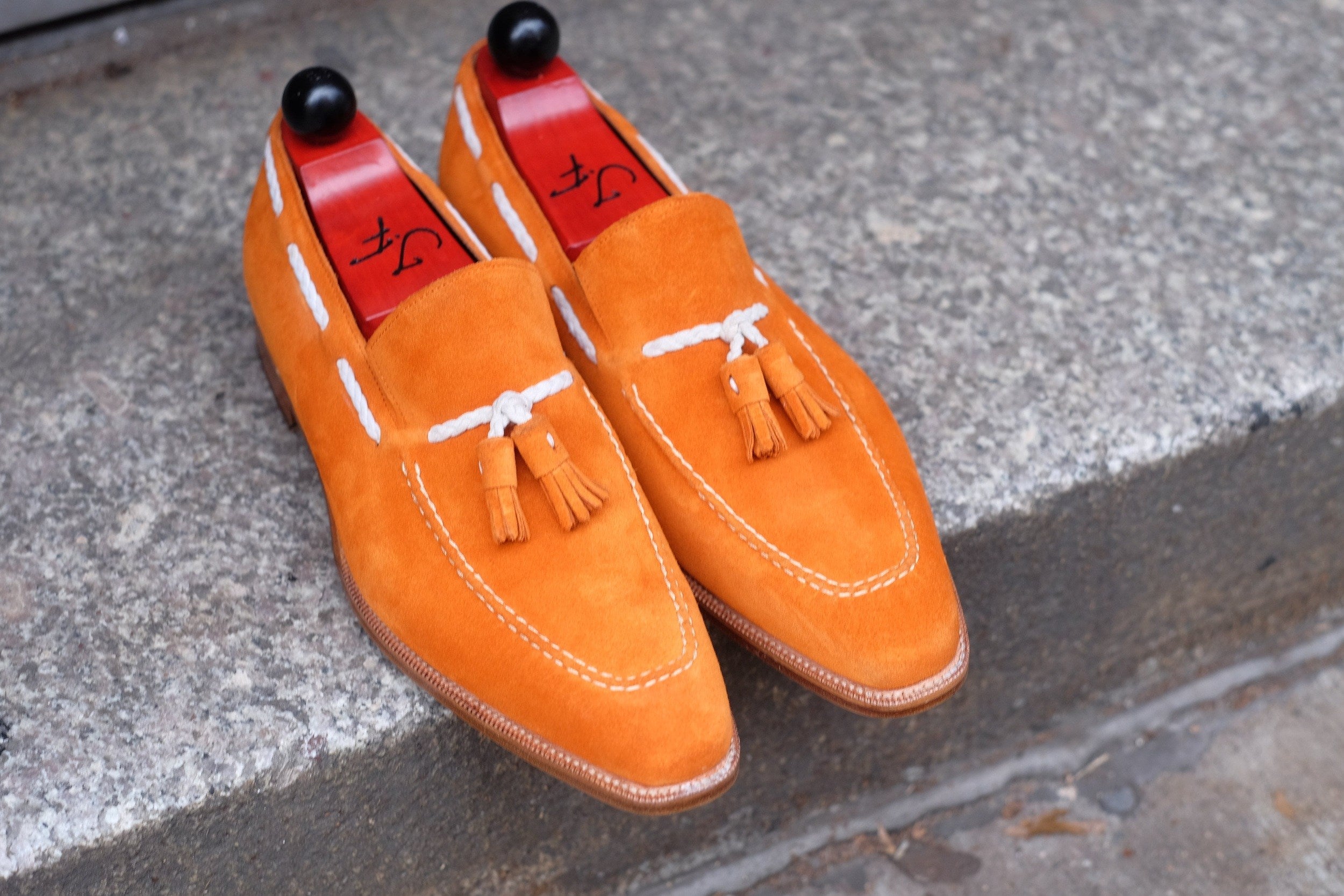 Eskapa - MTO - Orange Suede / Natural Stitching - LPB Last - Single Leather Sole-Made To Order Tassel Loafer-J.FitzPatrick Footwear