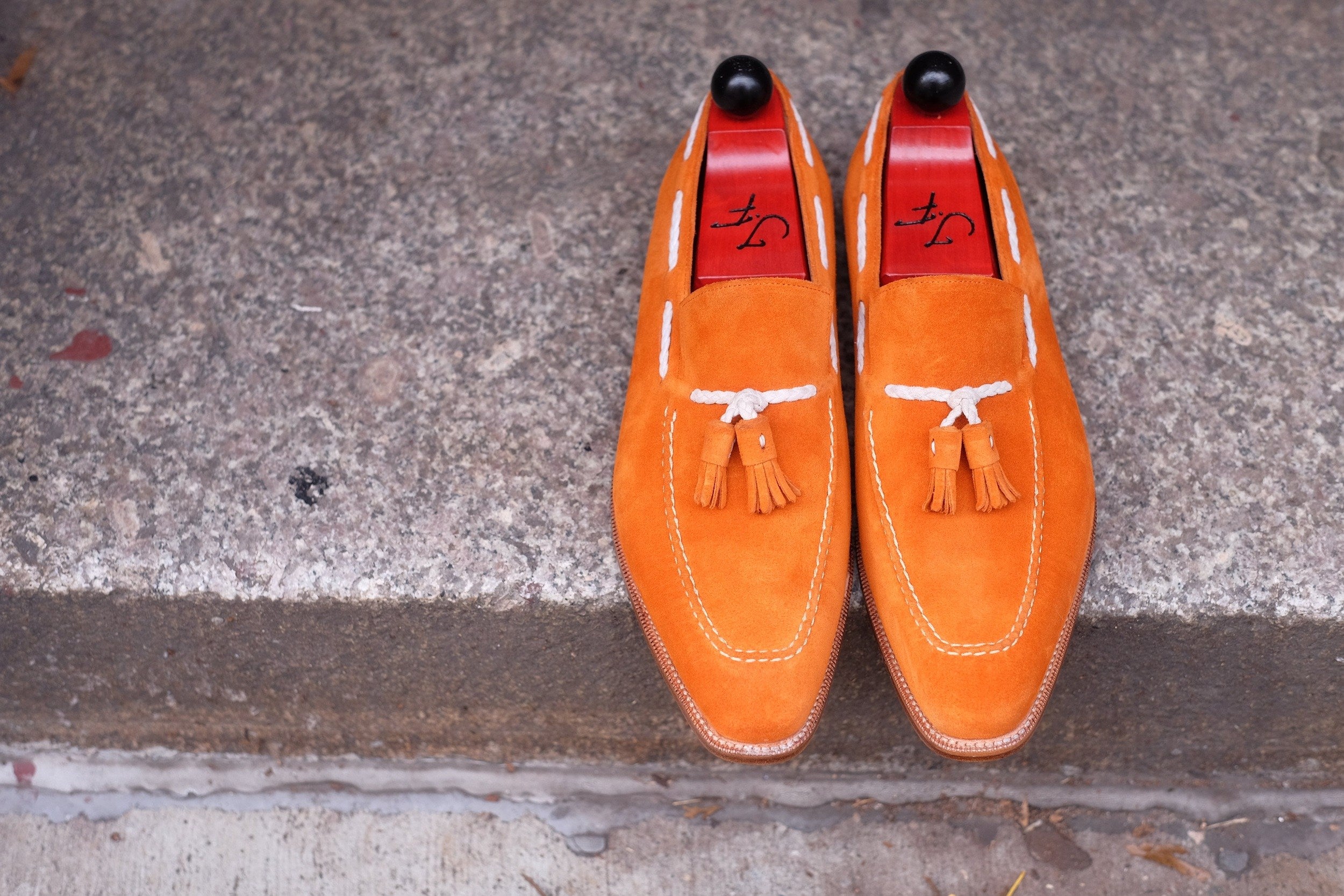 Eskapa - MTO - Orange Suede / Natural Stitching - LPB Last - Single Leather Sole-Made To Order Tassel Loafer-J.FitzPatrick Footwear