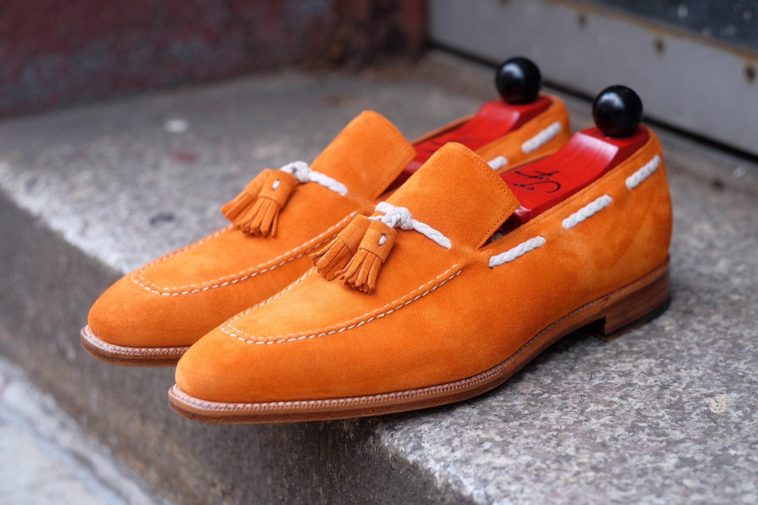 Eskapa - MTO - Orange Suede / Natural Stitching - LPB Last - Single Leather Sole-Made To Order Tassel Loafer-J.FitzPatrick Footwear