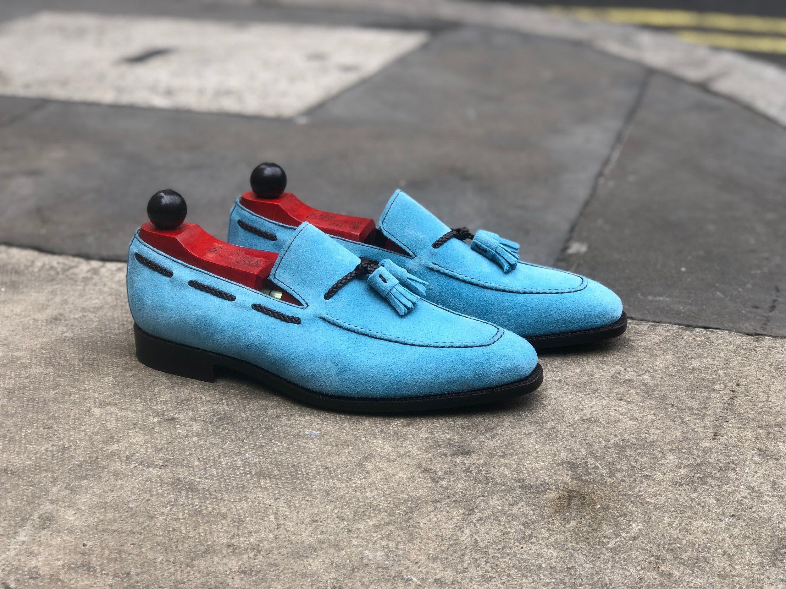 Eskapa - MTO - Sky Blue Suede - LPB Last - Single Leather Sole-Made To Order Tassel Loafer-J.FitzPatrick Footwear