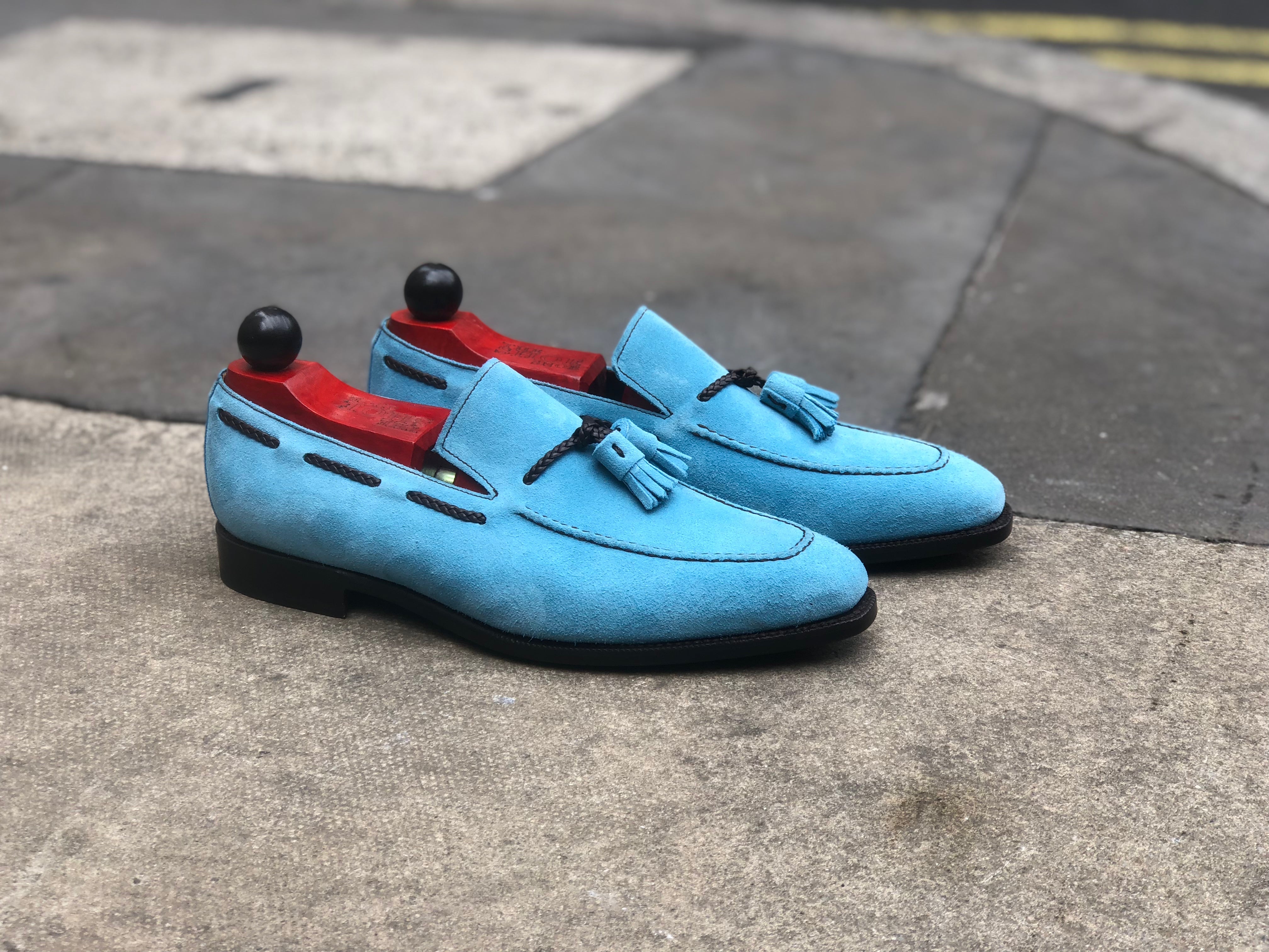 Eskapa - MTO - Sky Blue Suede - LPB Last - Single Leather Sole-Made To Order Tassel Loafer-J.FitzPatrick Footwear