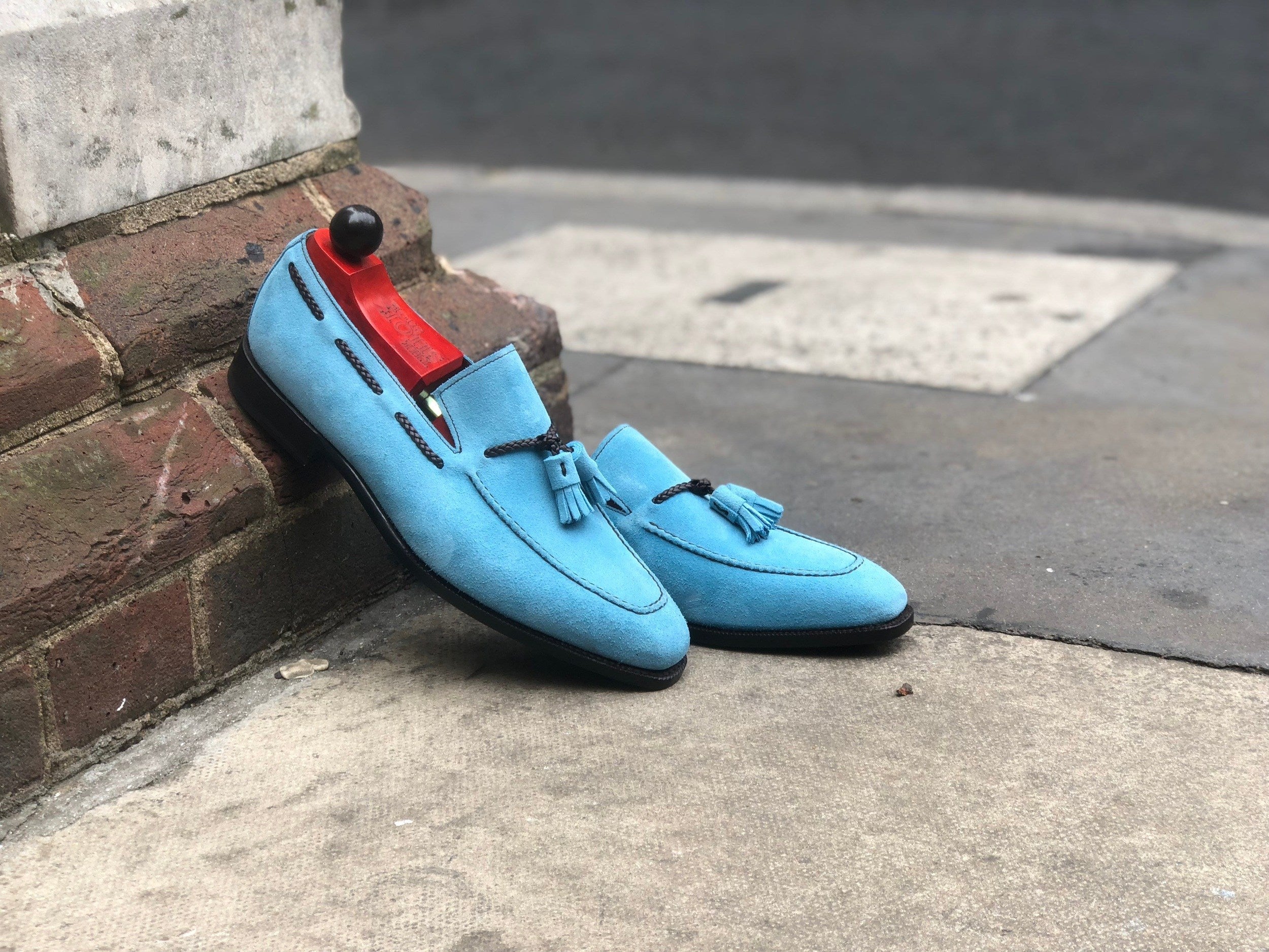 Eskapa - MTO - Sky Blue Suede - LPB Last - Single Leather Sole-Made To Order Tassel Loafer-J.FitzPatrick Footwear