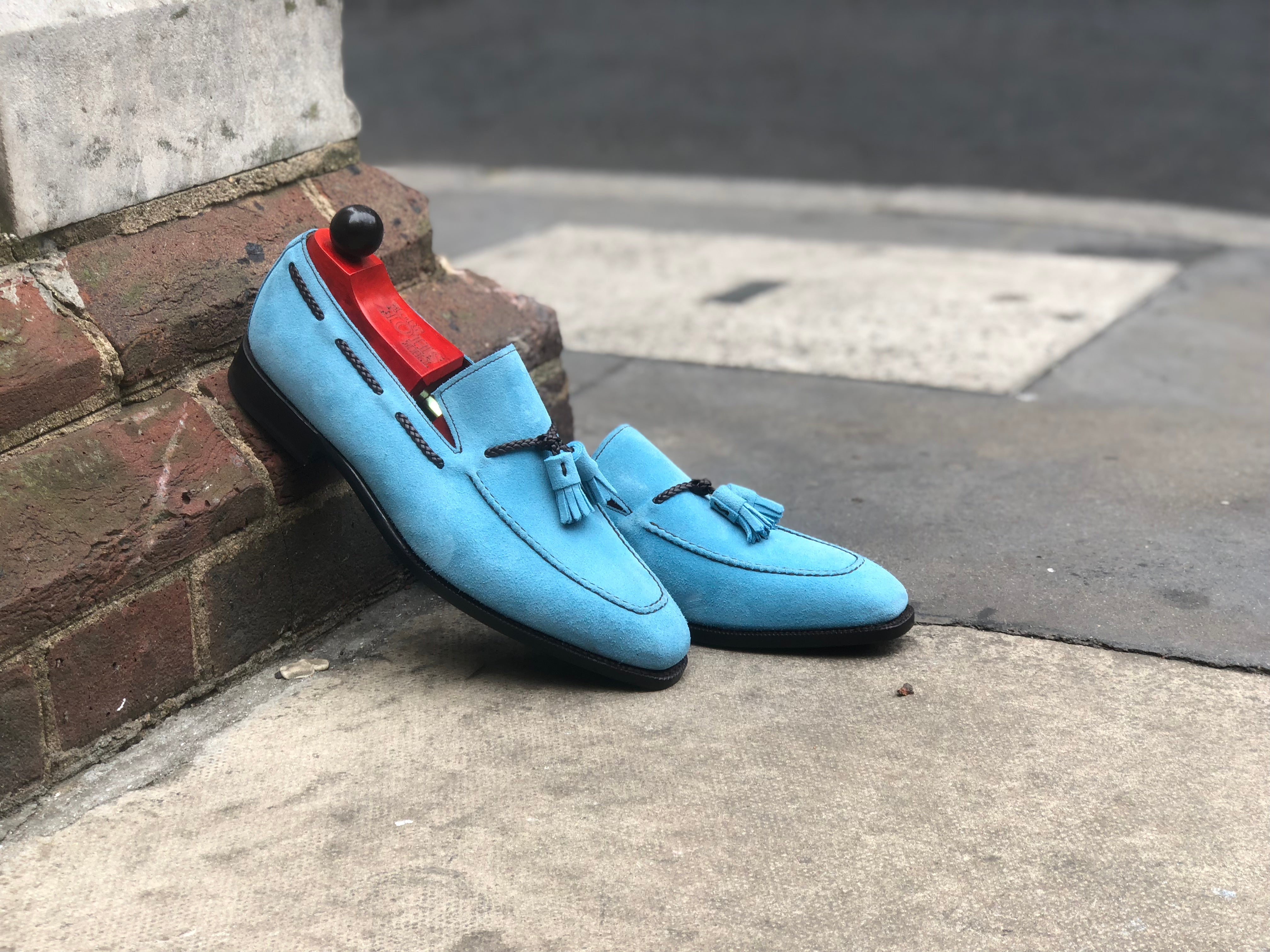 Eskapa - MTO - Sky Blue Suede - LPB Last - Single Leather Sole-Made To Order Tassel Loafer-J.FitzPatrick Footwear