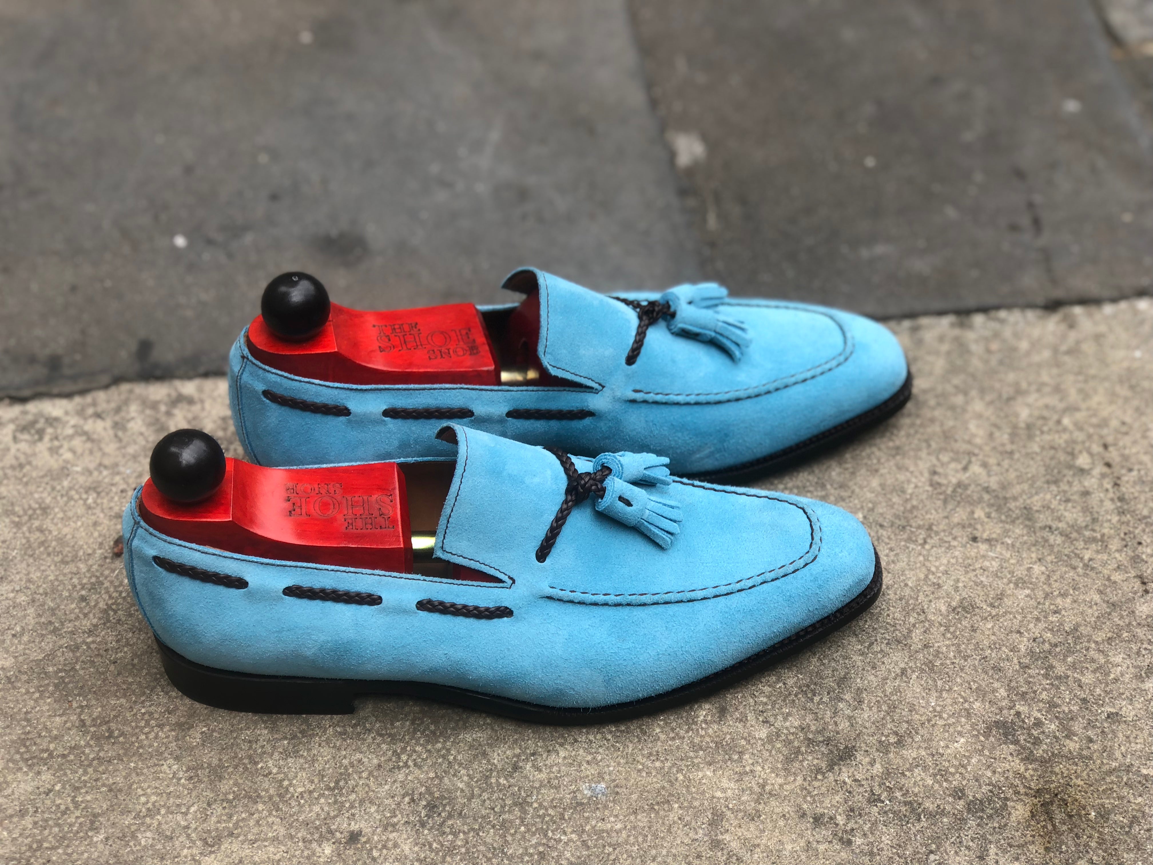 Eskapa - MTO - Sky Blue Suede - LPB Last - Single Leather Sole-Made To Order Tassel Loafer-J.FitzPatrick Footwear