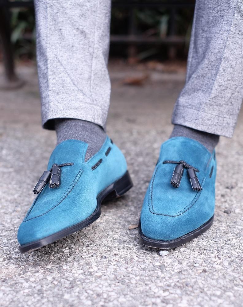 Eskapa - MTO - Teal Suede / Black Tassel - LPB Last - Single Leather Sole-Made To Order Tassel Loafer-J.FitzPatrick Footwear