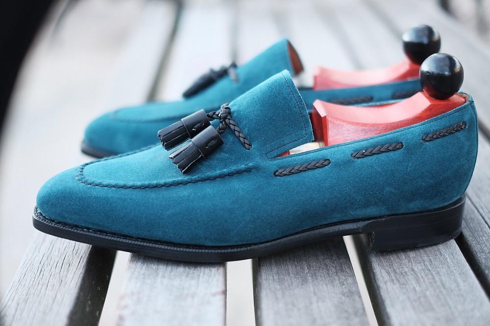 Eskapa - MTO - Teal Suede / Black Tassel - LPB Last - Single Leather Sole-Made To Order Tassel Loafer-J.FitzPatrick Footwear