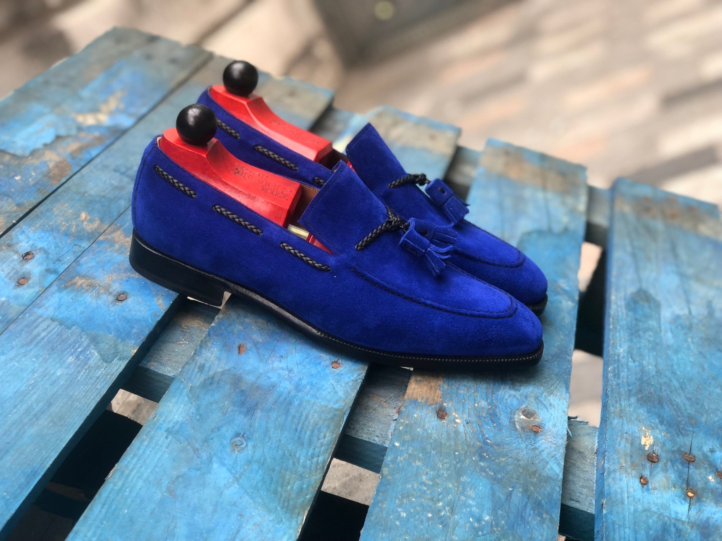 Eskapa - MTO - Vivid Blue Suede - LPB Last - Single Leather Sole-Made To Order Tassel Loafer-J.FitzPatrick Footwear