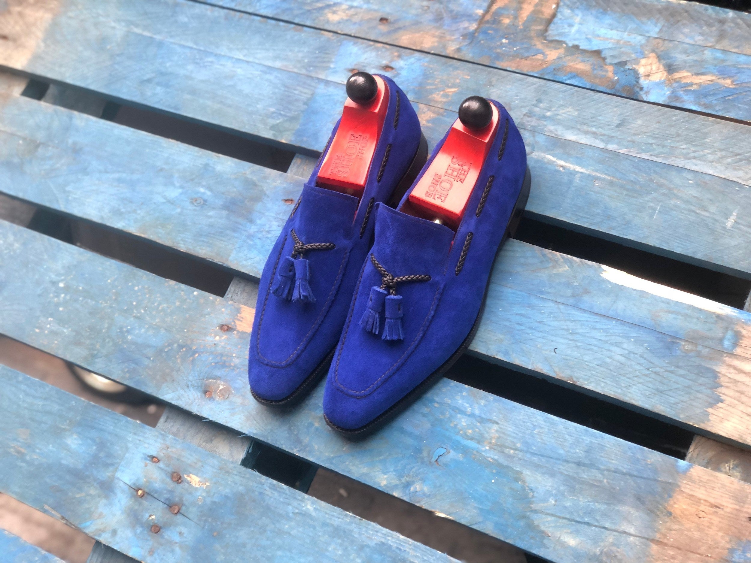 Eskapa - MTO - Vivid Blue Suede - LPB Last - Single Leather Sole-Made To Order Tassel Loafer-J.FitzPatrick Footwear