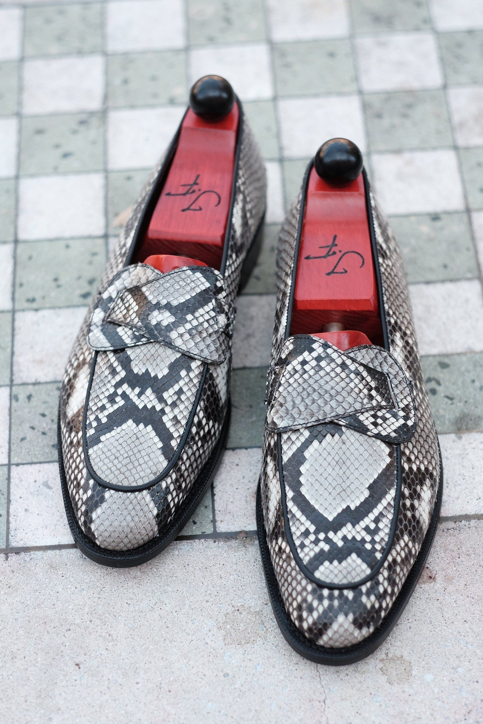 Francois - MTO - TMG Last - Genuine Python / Black Calf - Single Leather Sole-Made To Order Butterfly Loafer-J.FitzPatrick Footwear