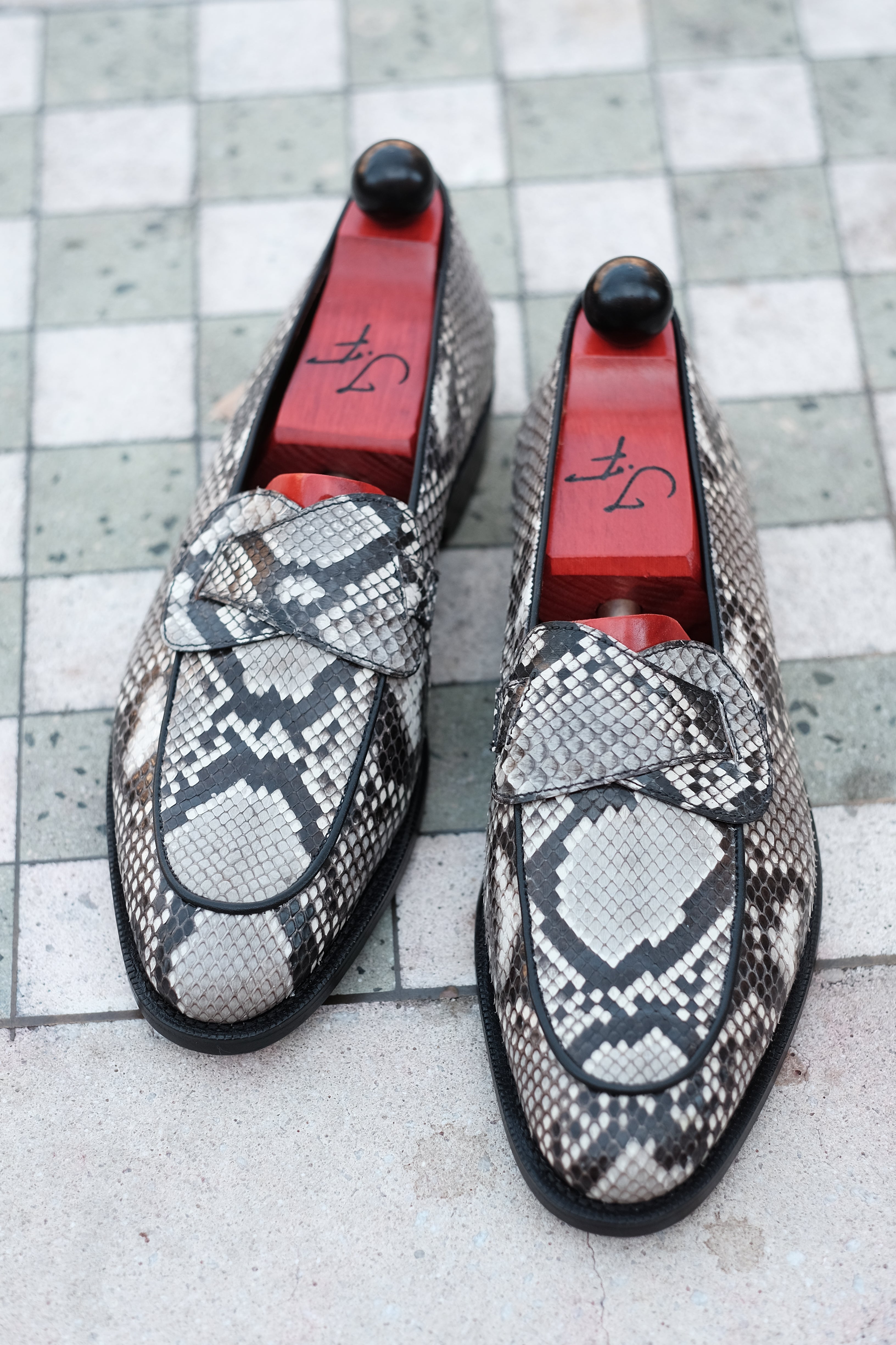 Francois - MTO - TMG Last - Genuine Python / Black Calf - Single Leather Sole-Made To Order Butterfly Loafer-J.FitzPatrick Footwear