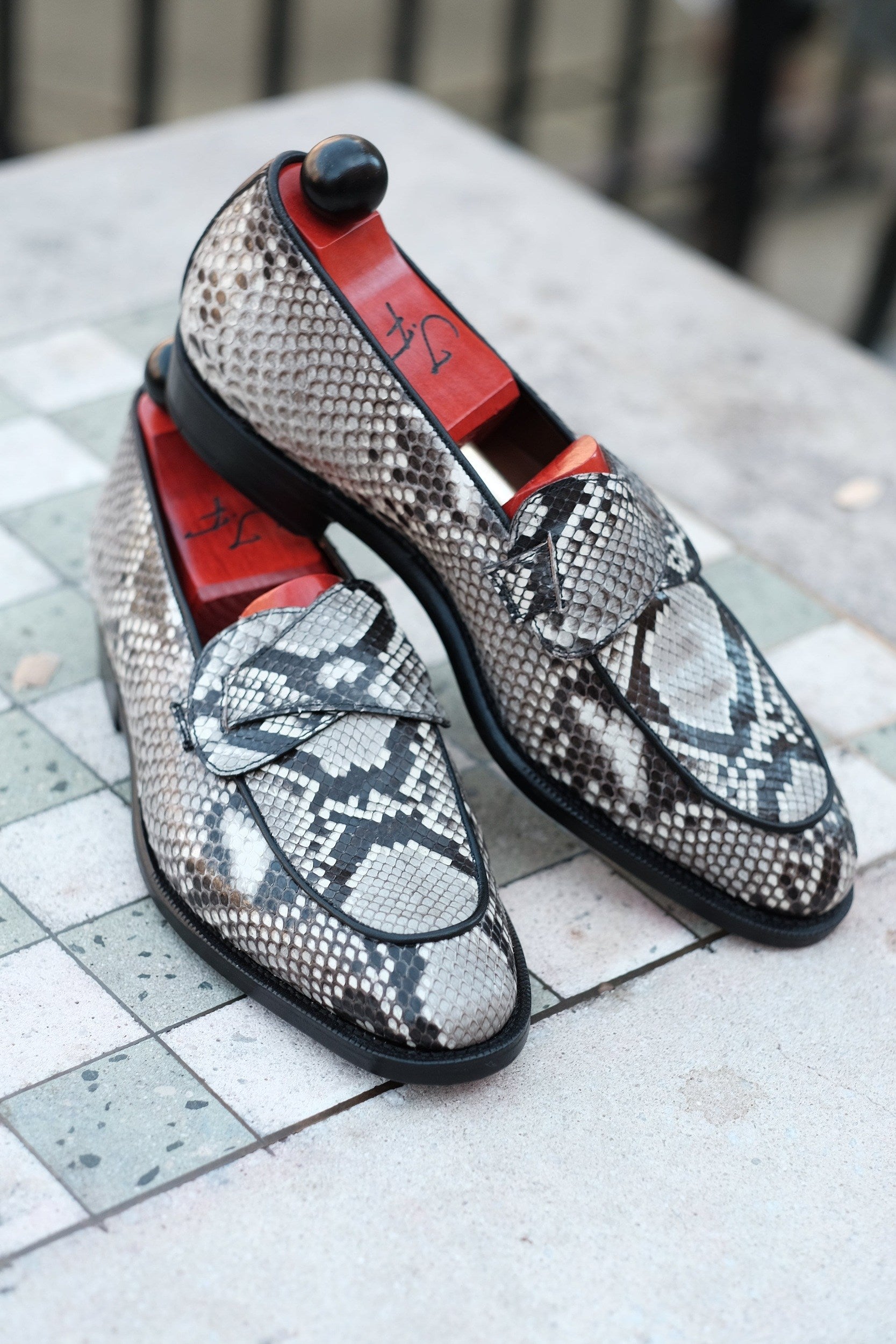 Francois - MTO - TMG Last - Genuine Python / Black Calf - Single Leather Sole-Made To Order Butterfly Loafer-J.FitzPatrick Footwear