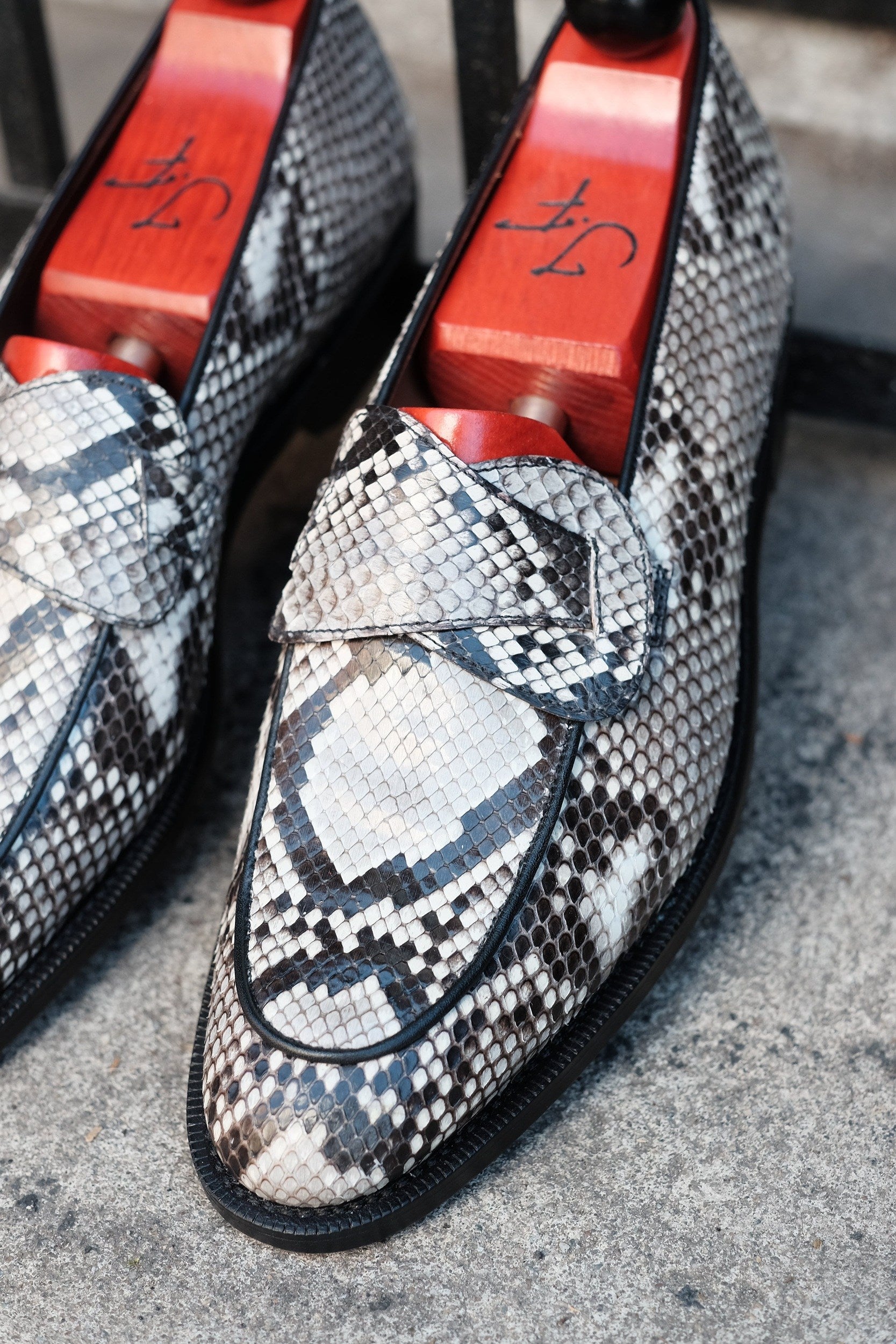 Francois - MTO - TMG Last - Genuine Python / Black Calf - Single Leather Sole-Made To Order Butterfly Loafer-J.FitzPatrick Footwear