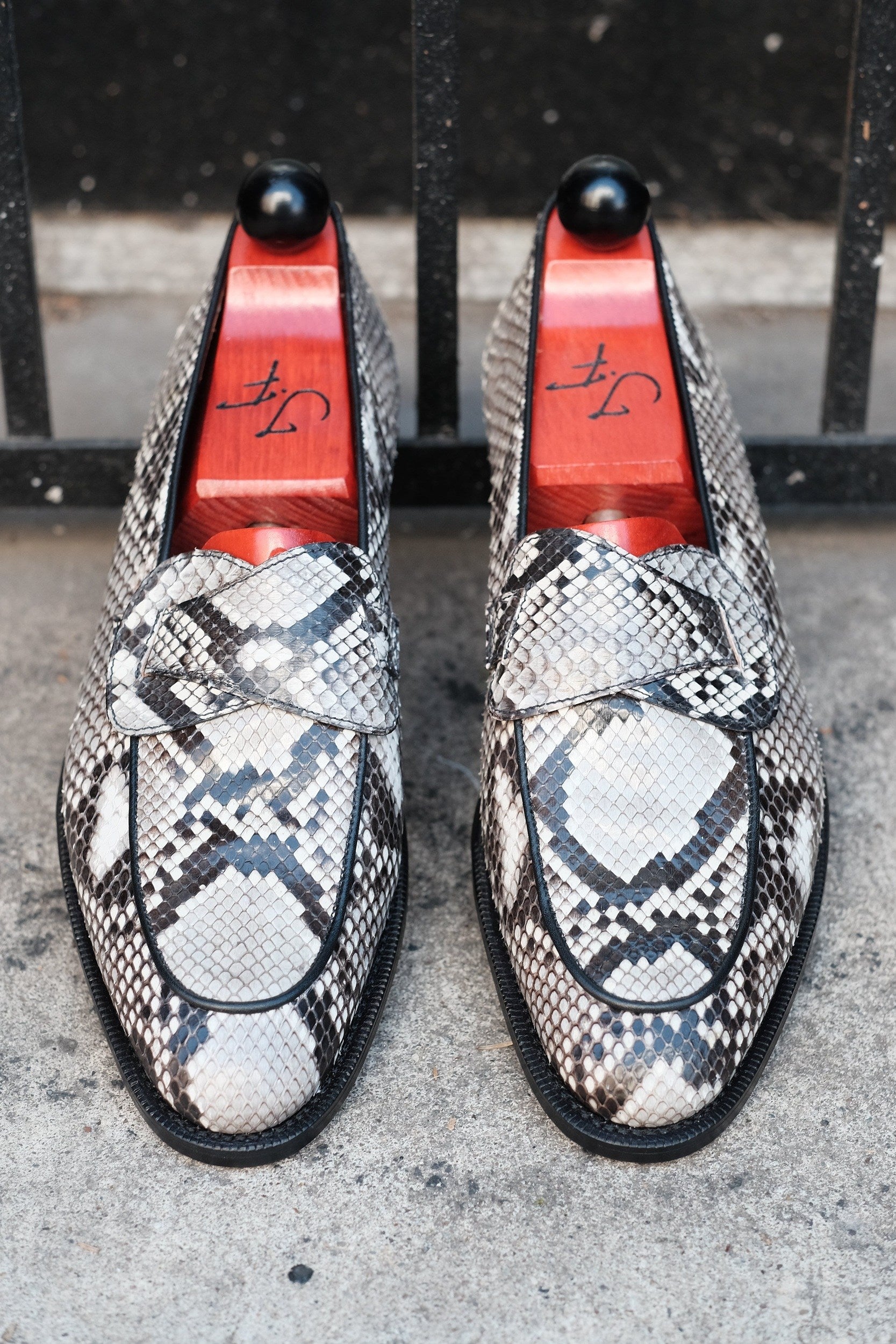 Francois - MTO - TMG Last - Genuine Python / Black Calf - Single Leather Sole-Made To Order Butterfly Loafer-J.FitzPatrick Footwear