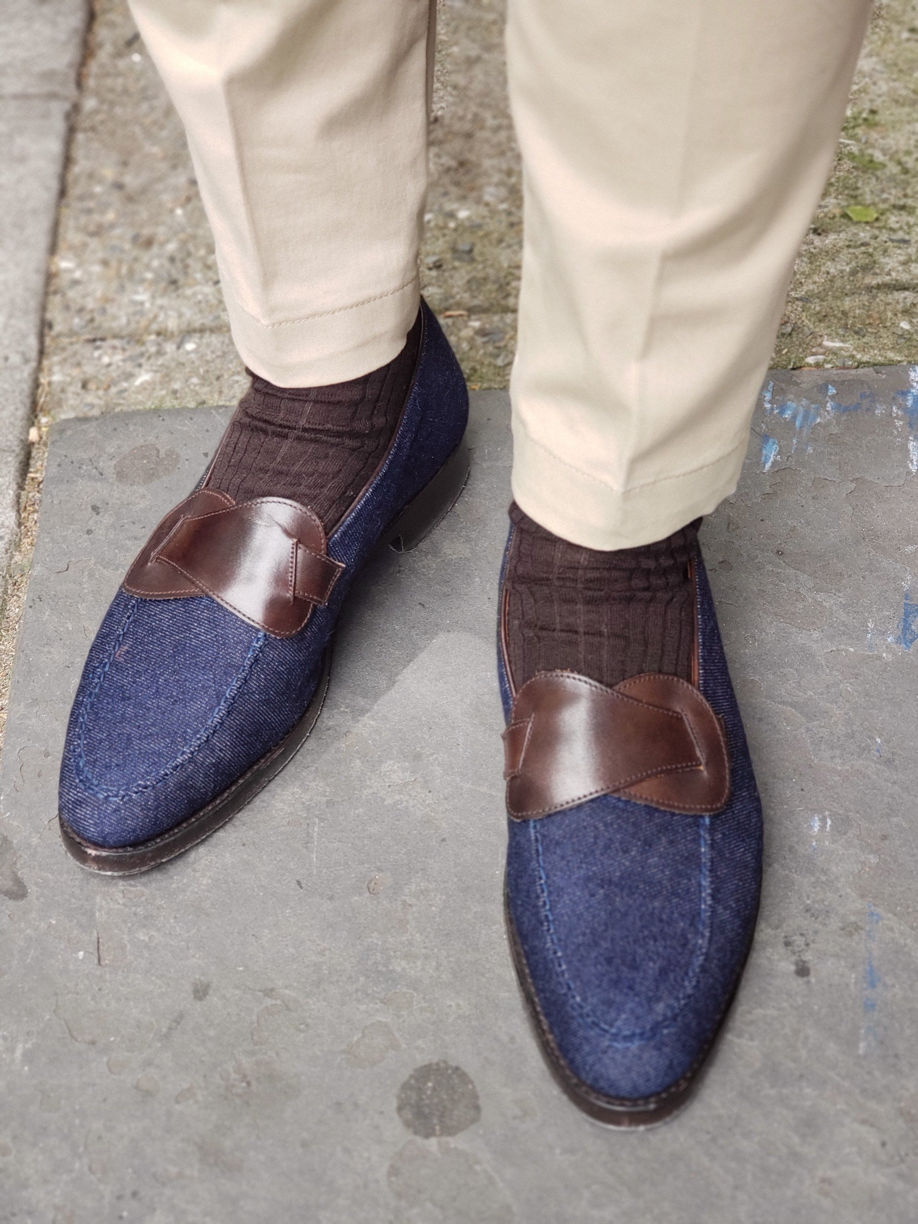 Hawthorne - MTO - Blue Denim / Dark Brown Museum Calf - TMG Last - Single Leather Sole-Made To Order Butterfly Loafer Hand Stitched-J.FitzPatrick Footwear