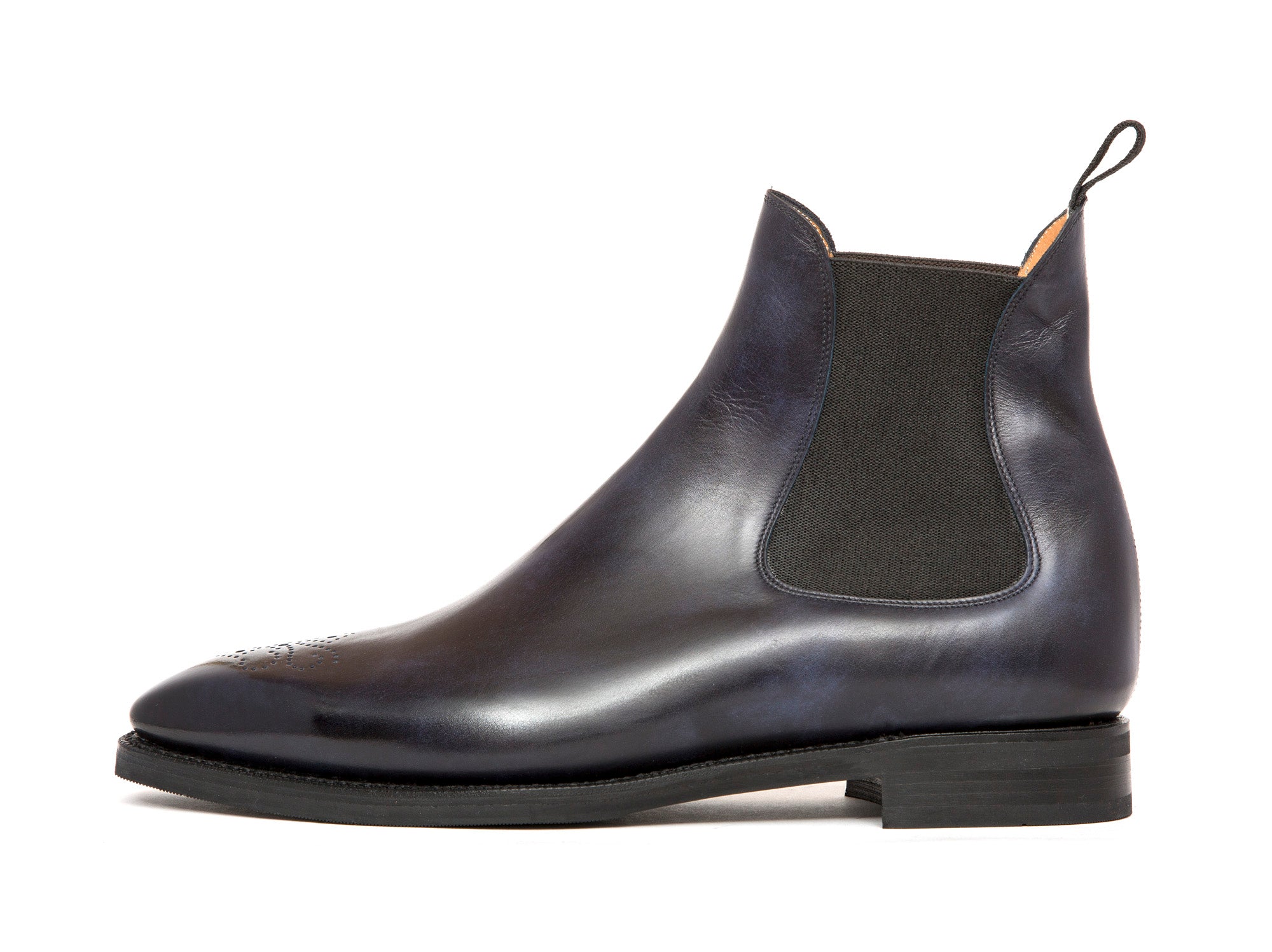 Highland - MTO - Navy Museum Calf - MGF Last - City Rubber Sole-Made To Order Chelsea Boot Medallion-J.FitzPatrick Footwear