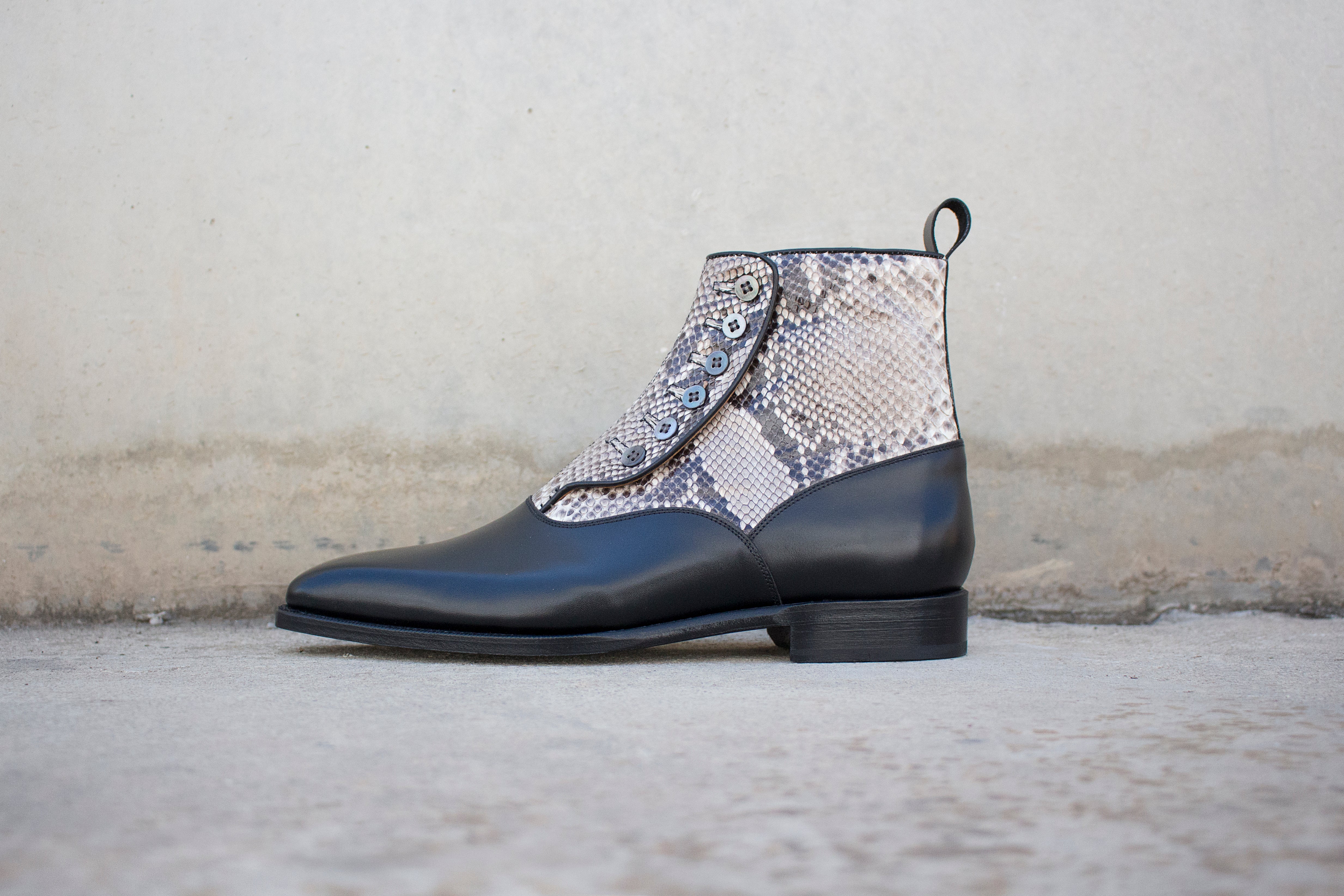 Kenmore - MTO - Black Calf / Black & White Python - MOP Buttons-Made To Order-J.FitzPatrick Footwear