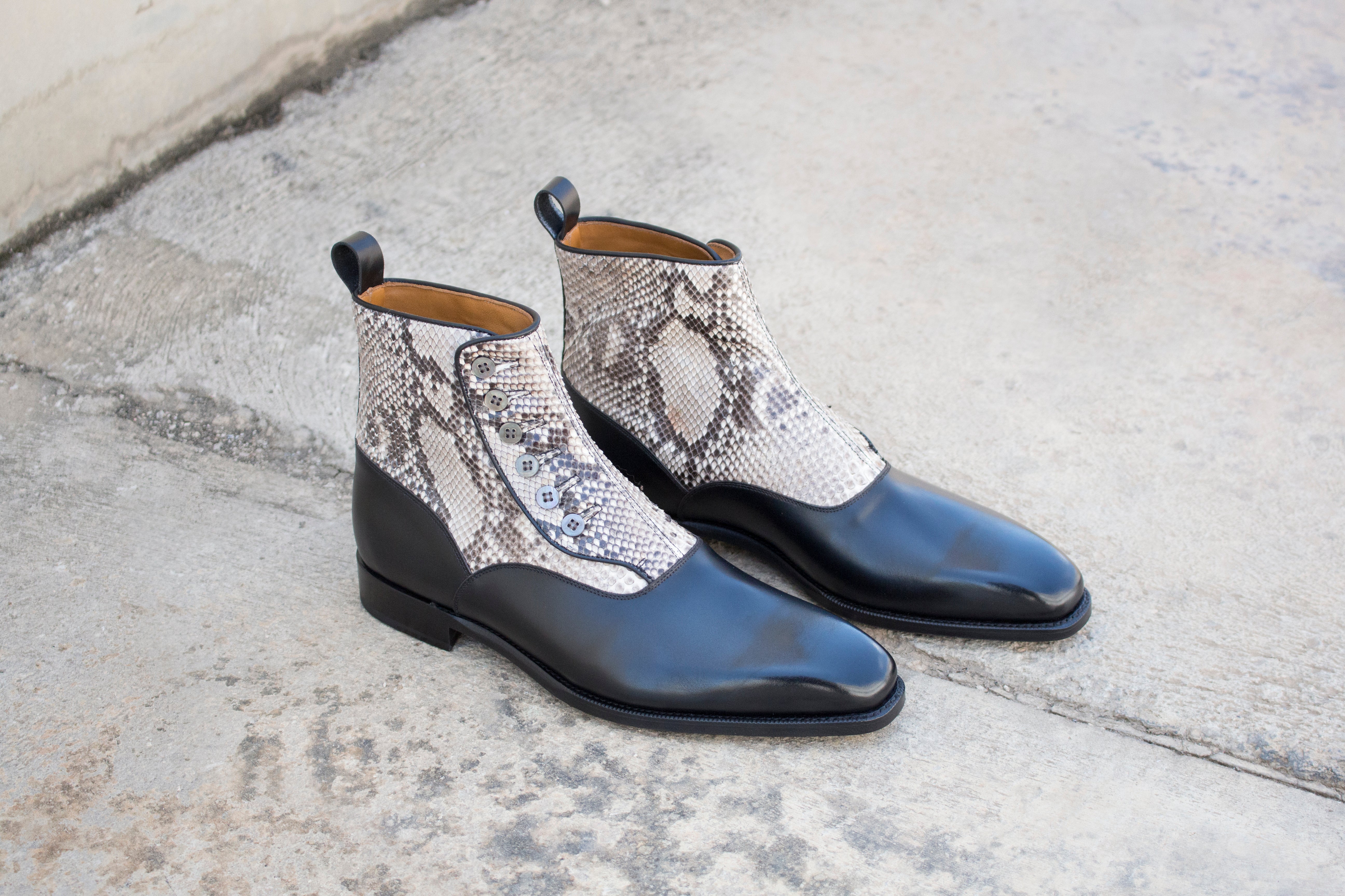 Kenmore - MTO - Black Calf / Black & White Python - MOP Buttons-Made To Order-J.FitzPatrick Footwear