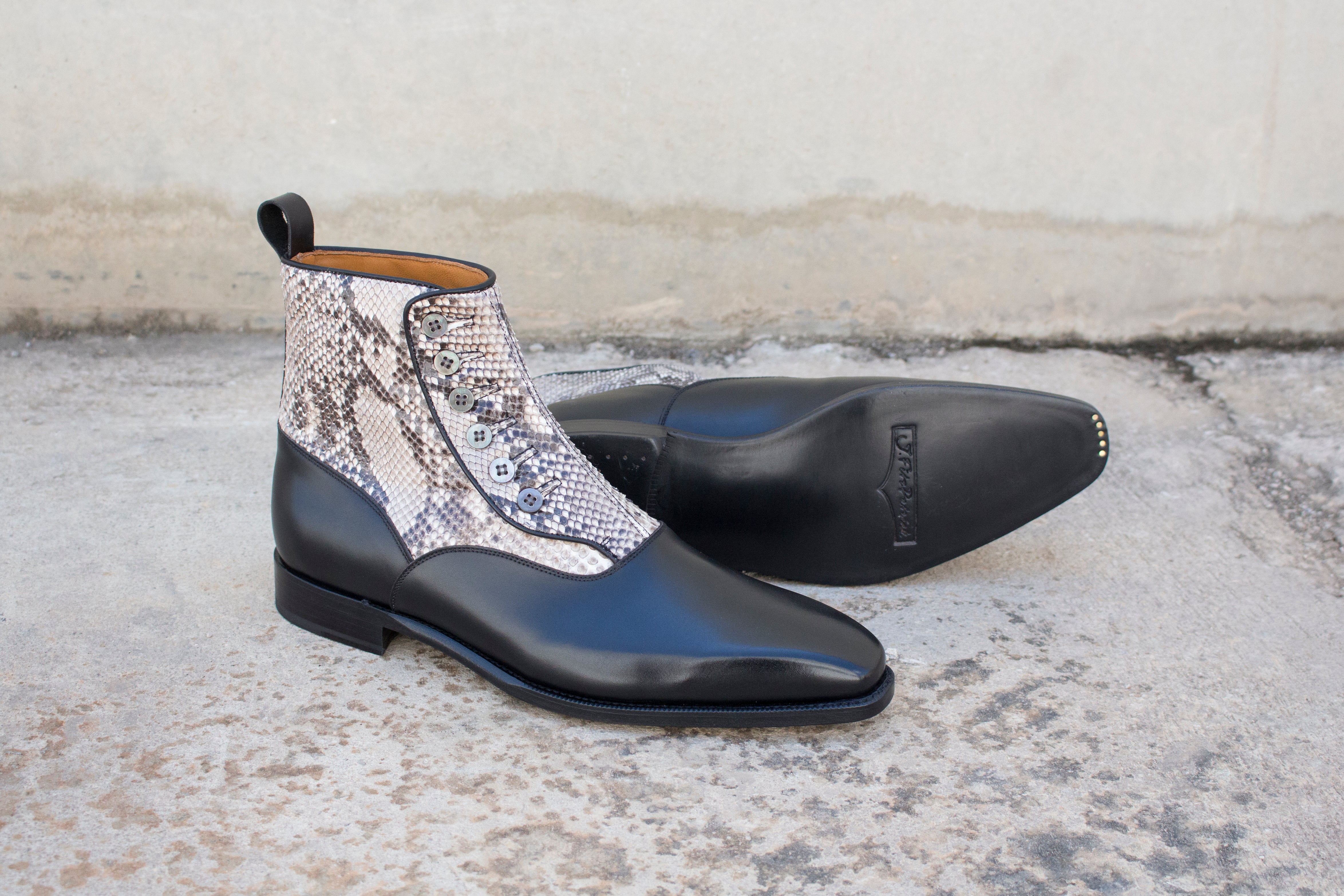 Kenmore - MTO - Black Calf / Black & White Python - MOP Buttons-Made To Order-J.FitzPatrick Footwear