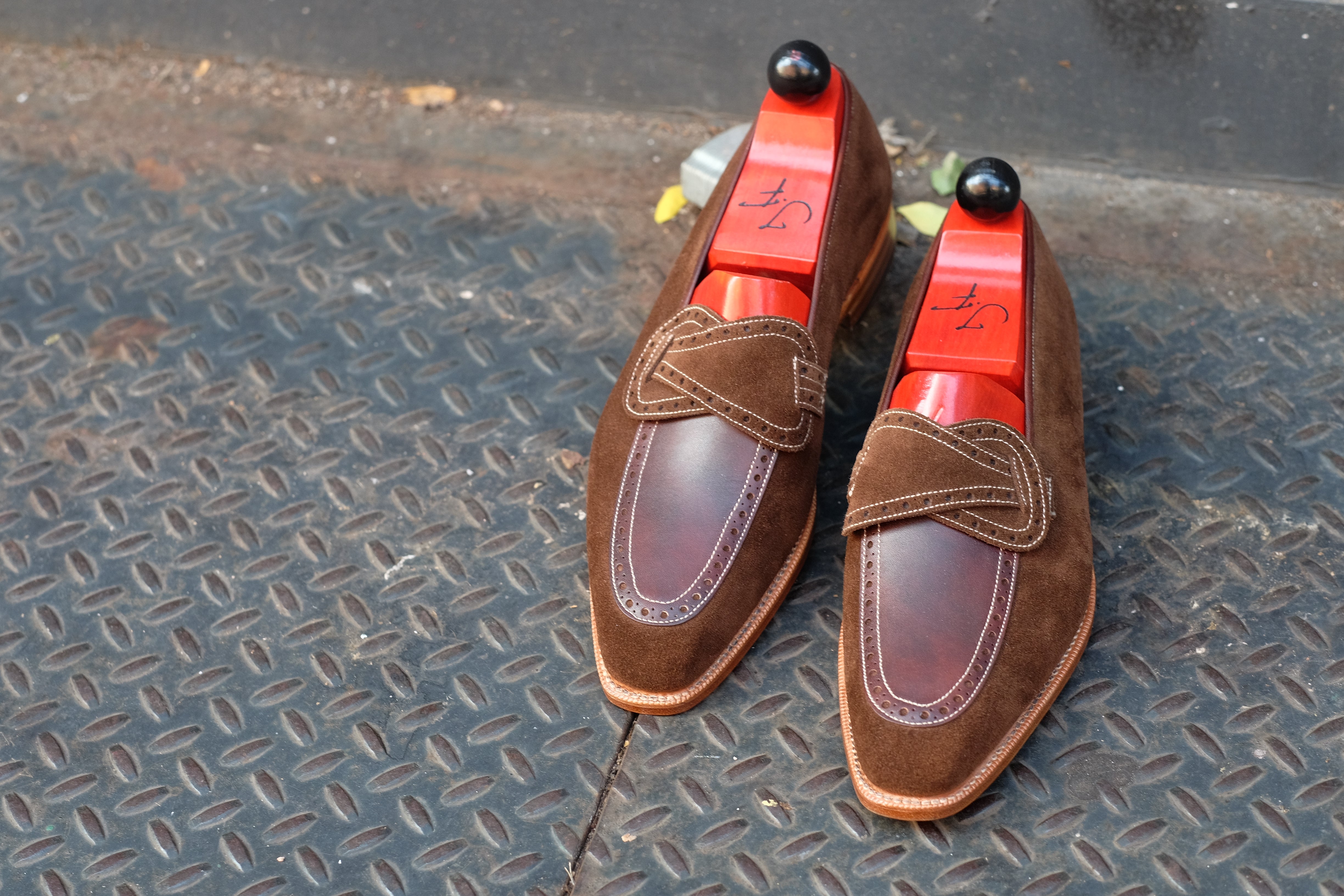 Kennewick - MTO - Dark Brown Suede / Dark Brown Museum Calf - MGF Last - Single Leather Sole-Made To Order Butterfly Loafer Brogue-J.FitzPatrick Footwear