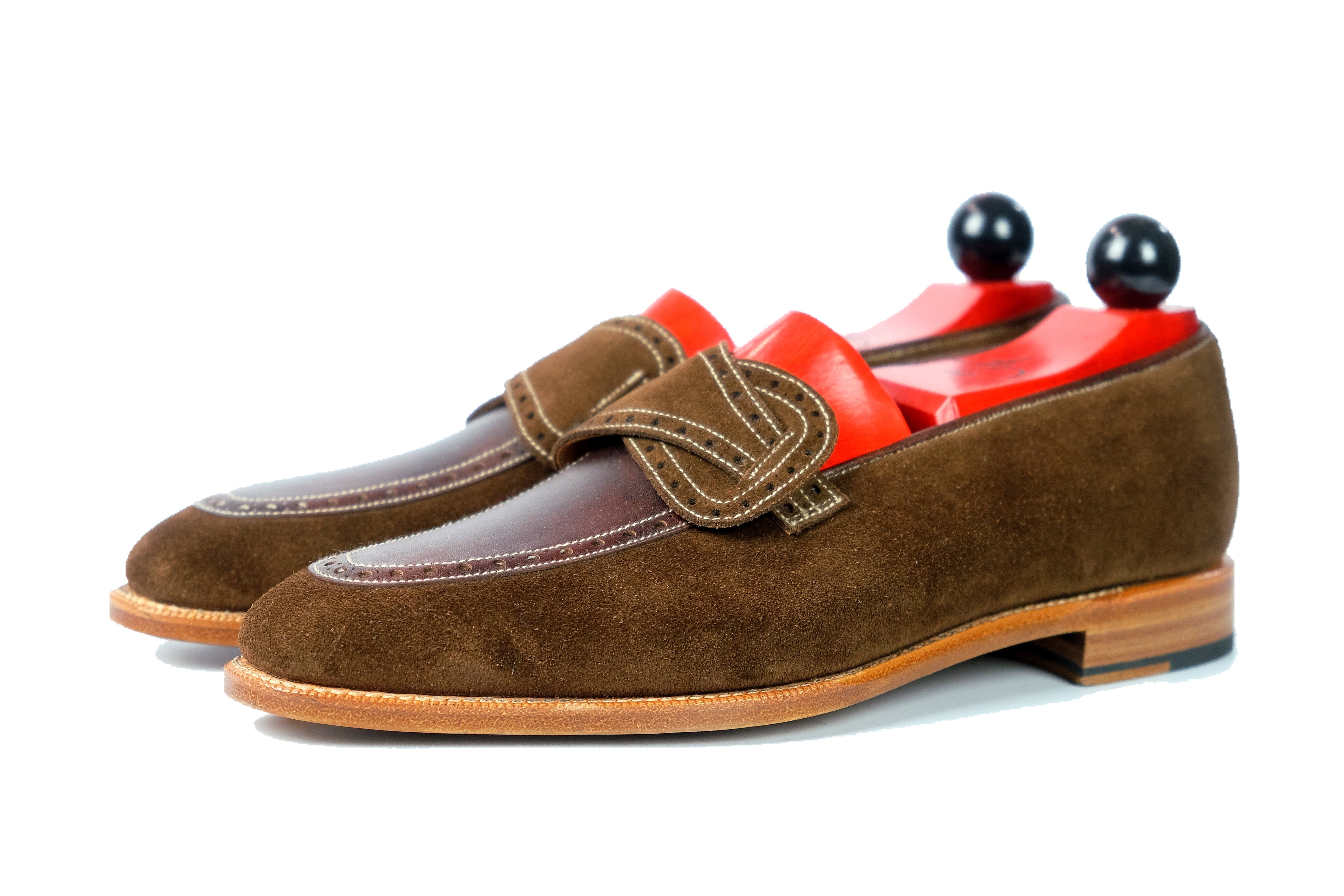 Kennewick - MTO - Dark Brown Suede / Dark Brown Museum Calf - MGF Last - Single Leather Sole-Made To Order Butterfly Loafer Brogue-J.FitzPatrick Footwear
